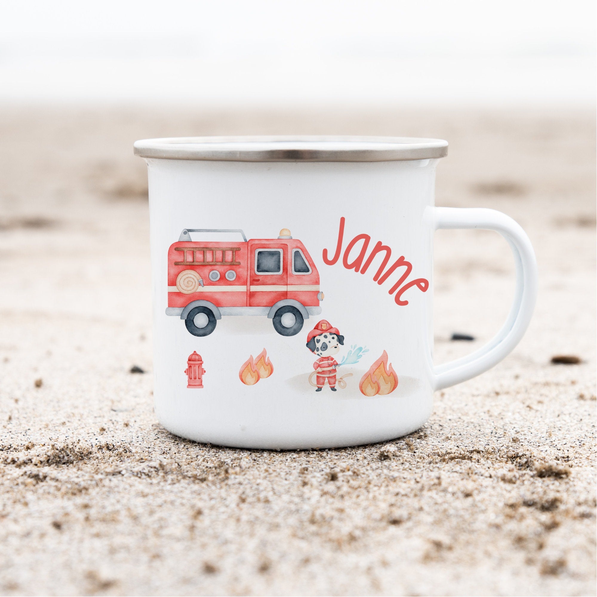 Emailletasse mit Namen personalisiert Feuerwehrauto Feuerwehr Rettungsfahrzeug Feuerwehrmann Hund – Mugs