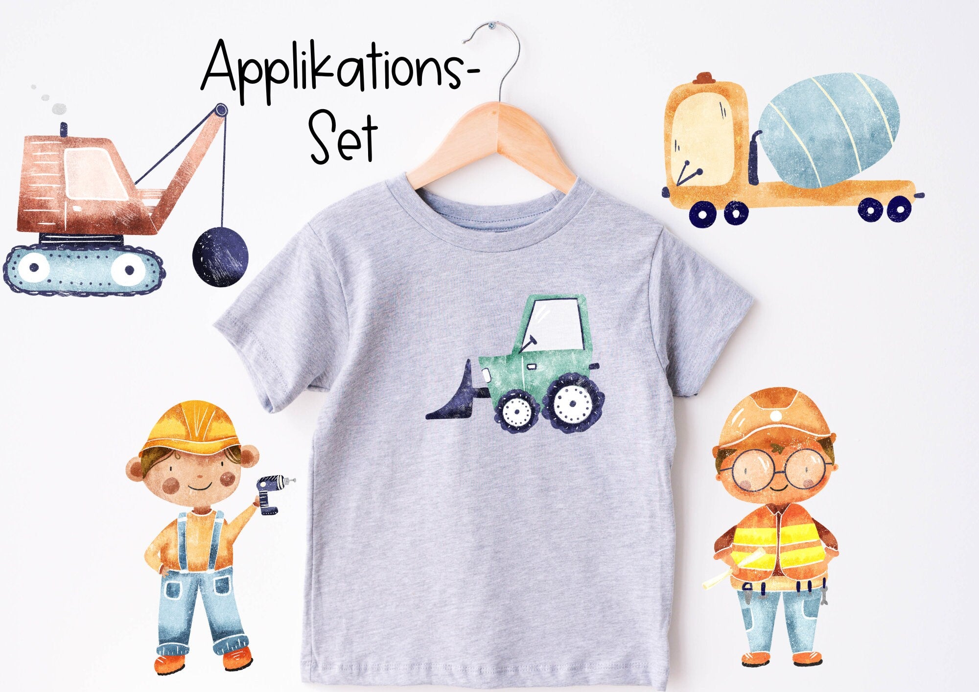 Set Bügelbild Applikation zum Veredeln von Shirts Hosen Kleidung DTF Druck Applizierung Baustelle Bauarbeiter Radlader Bagger – Appliques & Patches