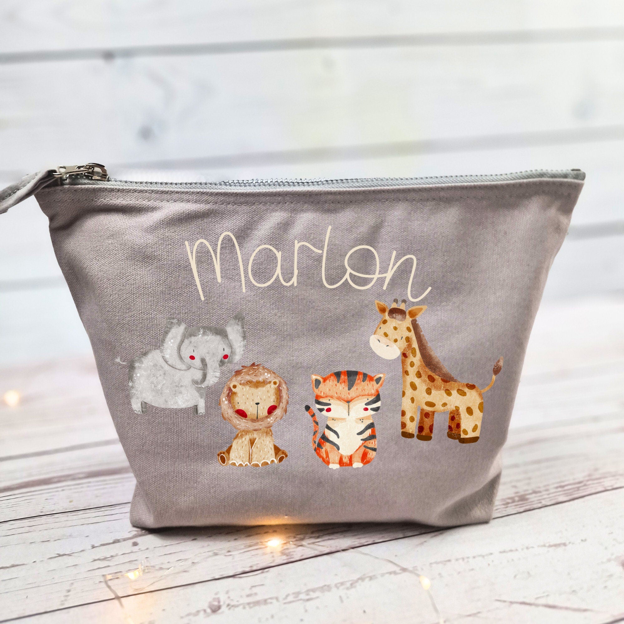 Wickeltasche mit Namen personalisiert Kulturbeutel Waschbeutel Dschungeltiere Löwe Tiger Elefant – Diaper Caddies