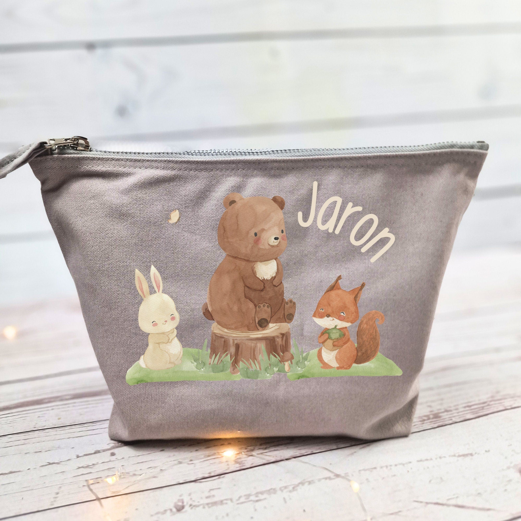 Wickeltasche mit Namen personalisiert Kulturbeutel Waschbeutel Waldtiere Bär Hase – Diaper Caddies