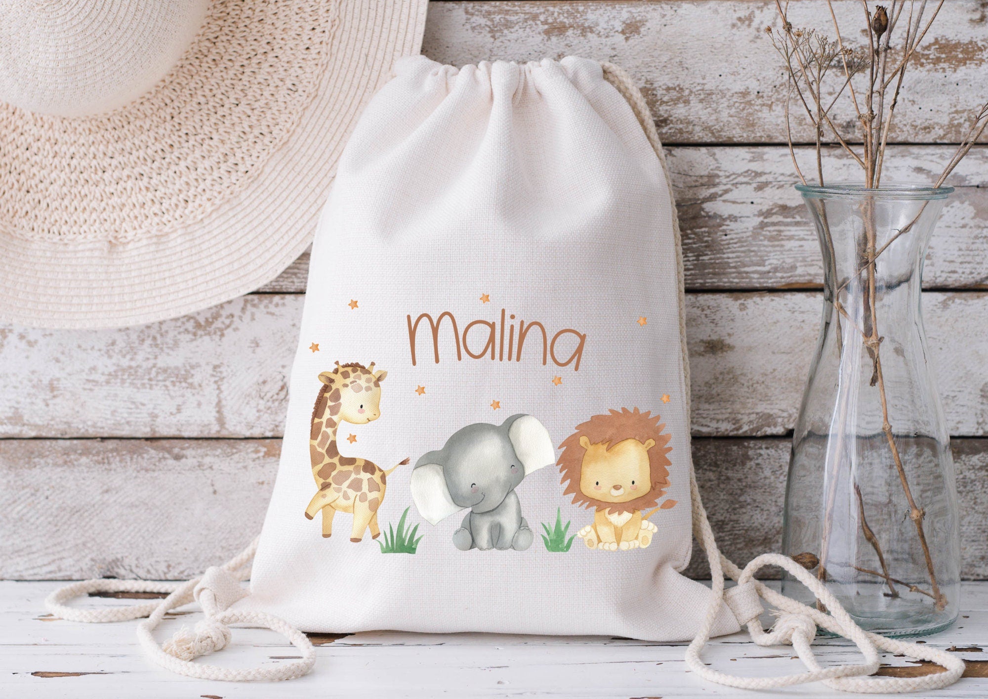 Turnbeutel Jutebeutel Jutetasche mit Namen Beutel für Wechselwäsche personalisiert Dschungeltiere Löwe Elefant Giraffe – Team Sports & Gym Bags