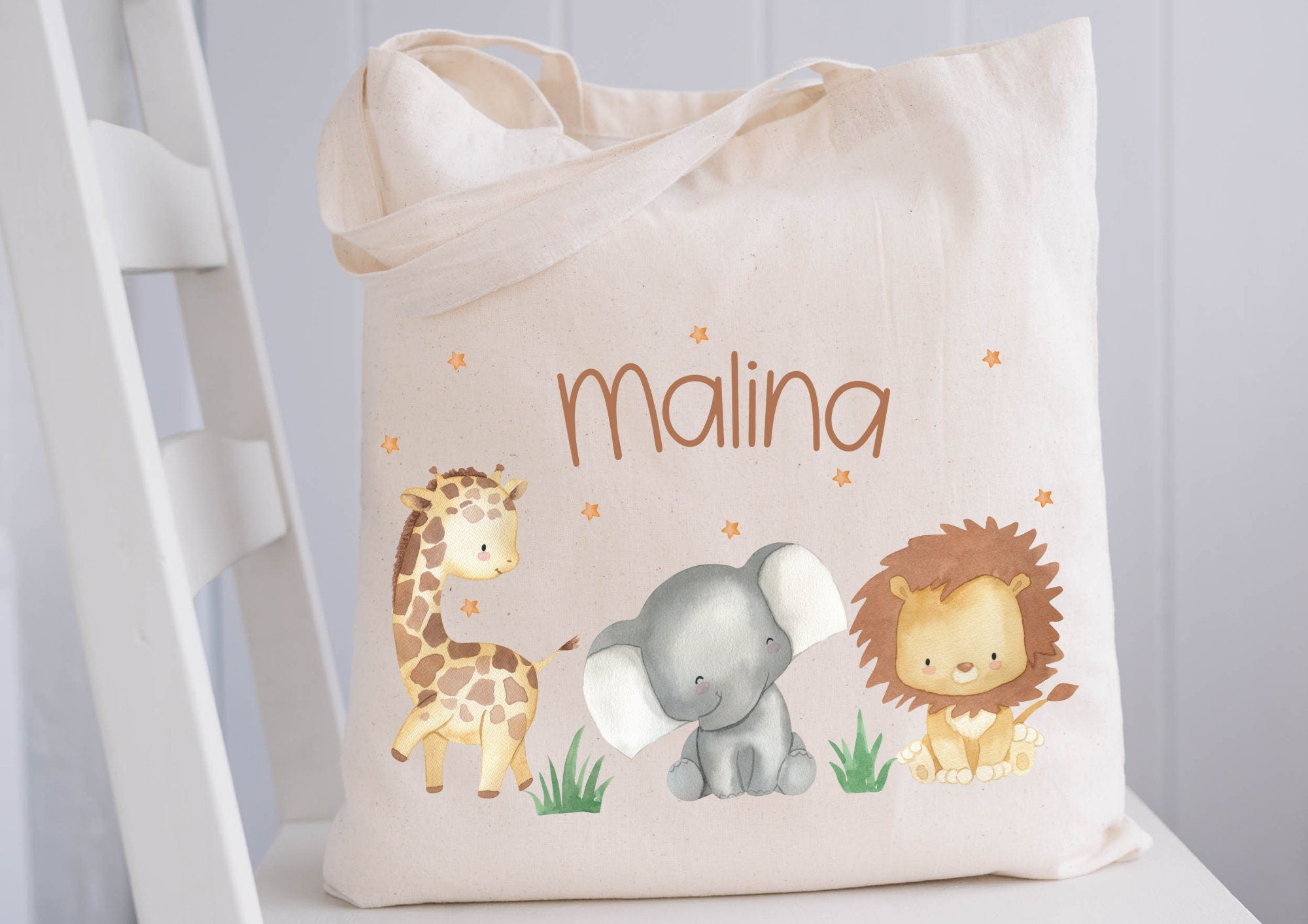 Turnbeutel Jutebeutel Jutetasche mit Namen Beutel für Wechselwäsche personalisiert Dschungeltiere Löwe Elefant Giraffe – Team Sports & Gym Bags