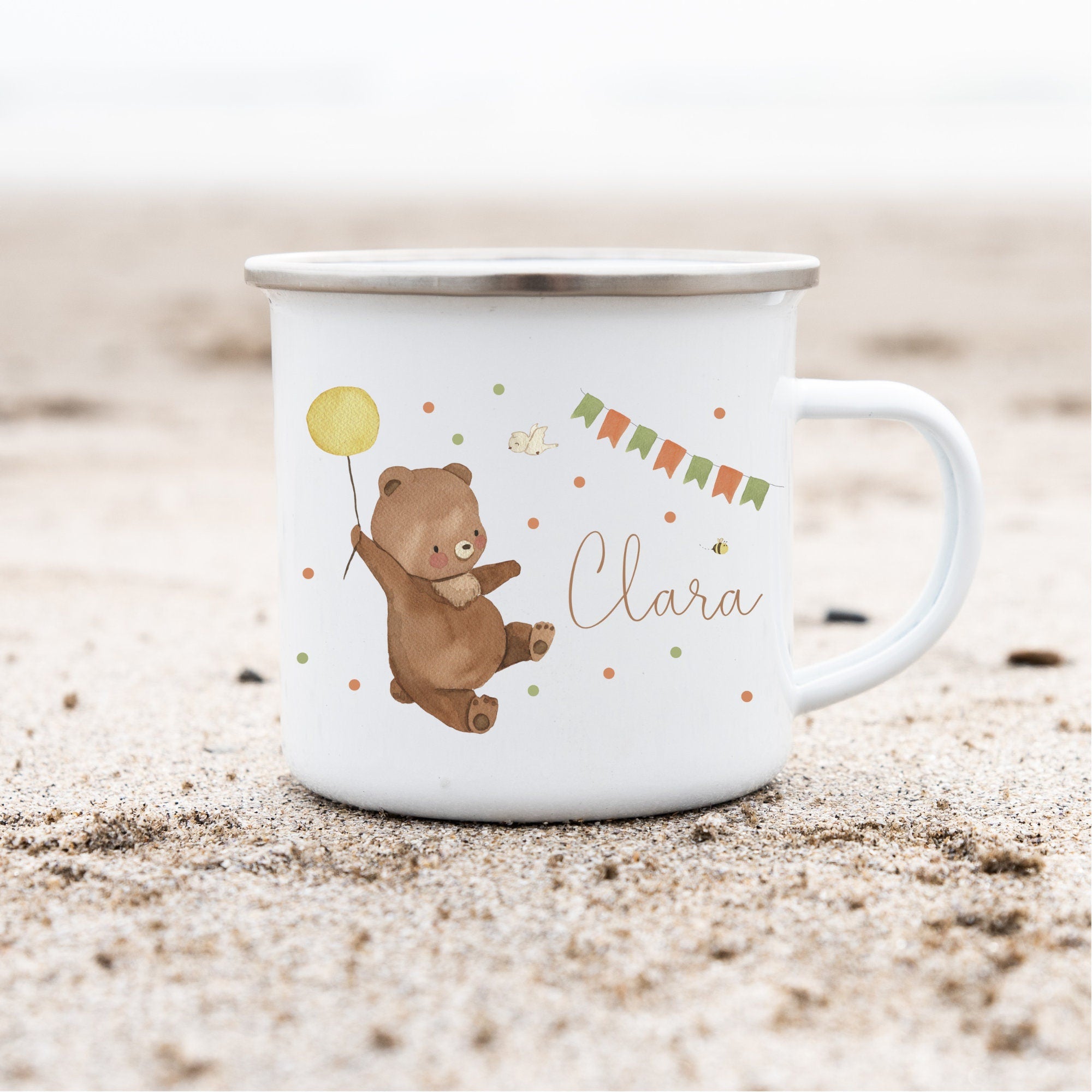 Emailletasse Becher Tasse mit Namen personalisiert Waldtiere Bär Hase – Mugs
