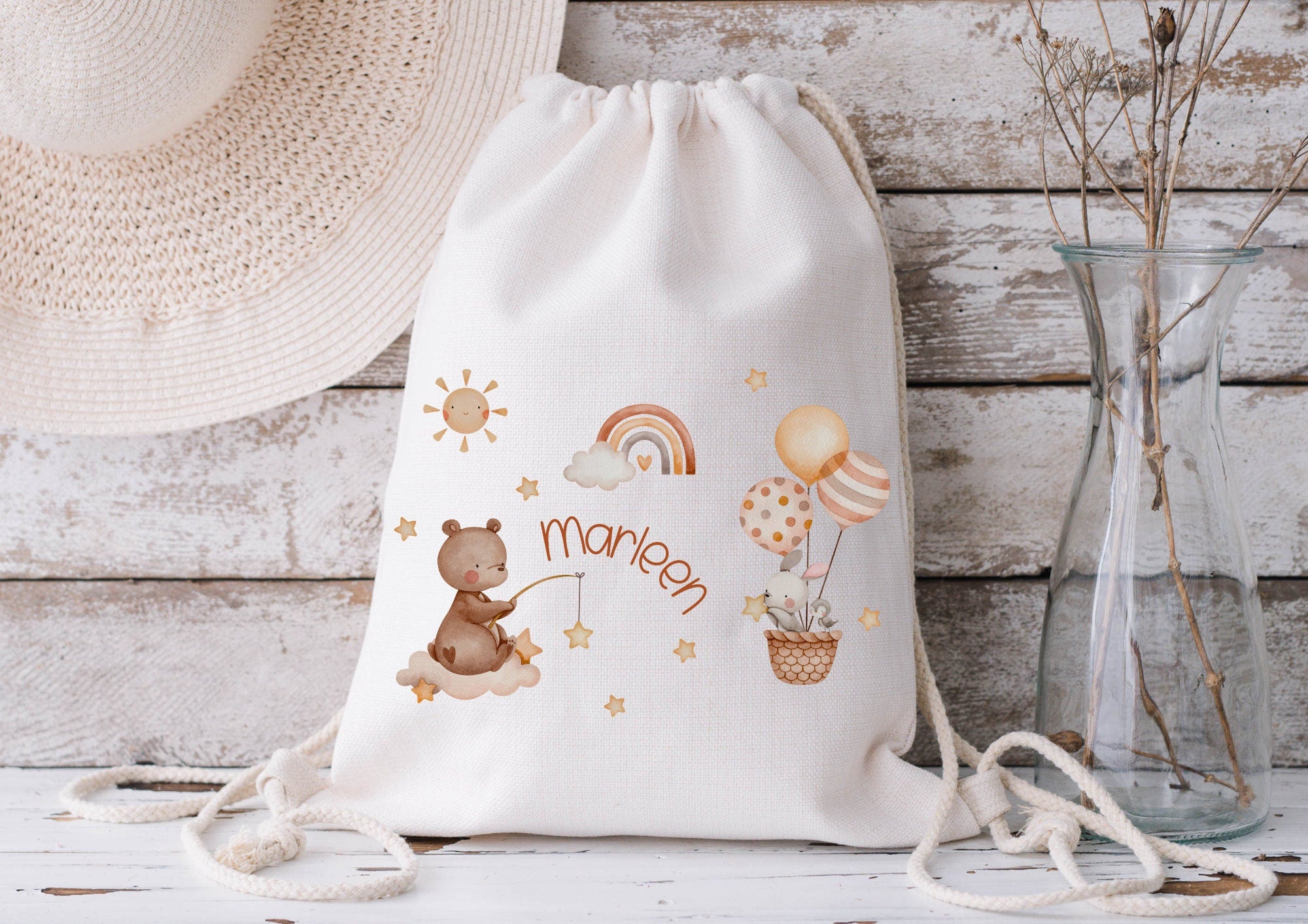 Turnbeutel Jutebeutel Jutetasche mit Namen Beutel für Wechselwäsche personalisiert Waldtiere Bär Hase – Team Sports & Gym Bags