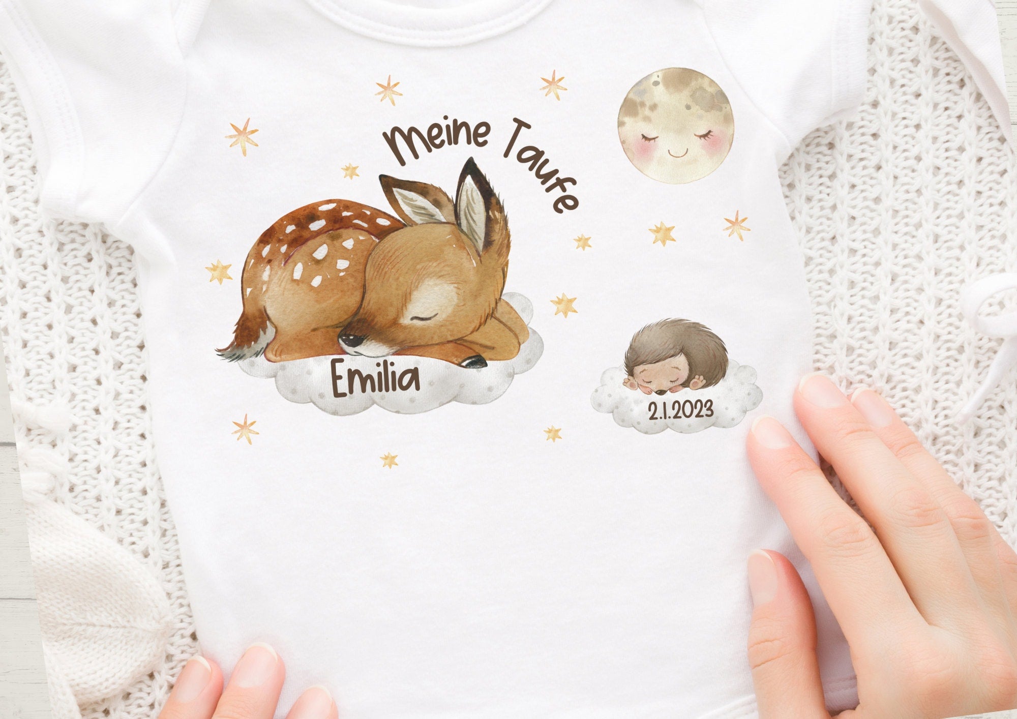 Bügelbild mit Wunschname Taufdatum für die Taufe Waldtiere Reh – Appliques & Patches