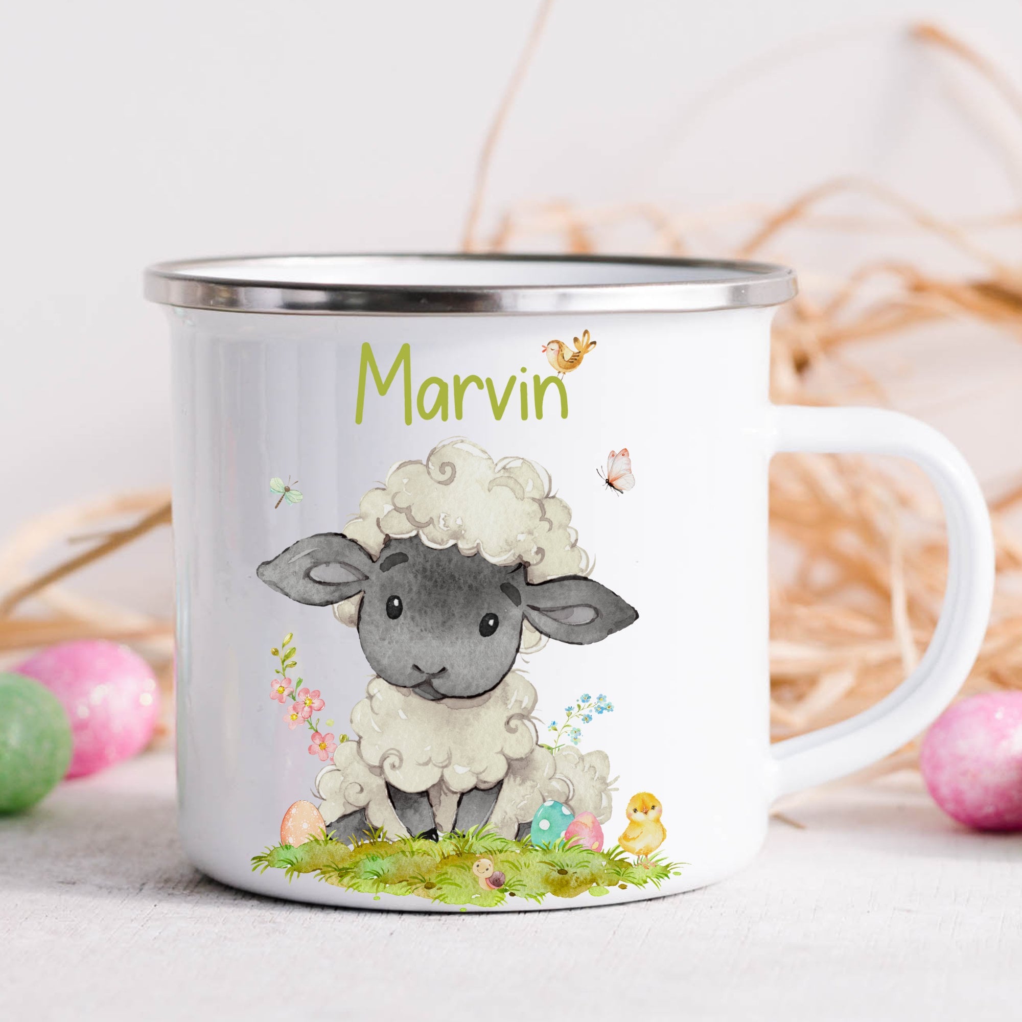 Emailletasse mit Namen personalisiert Ostern Osterhase Osterbecher Ostergeschirr Osterdeko Schaf Lamm Lämmchen – Mugs