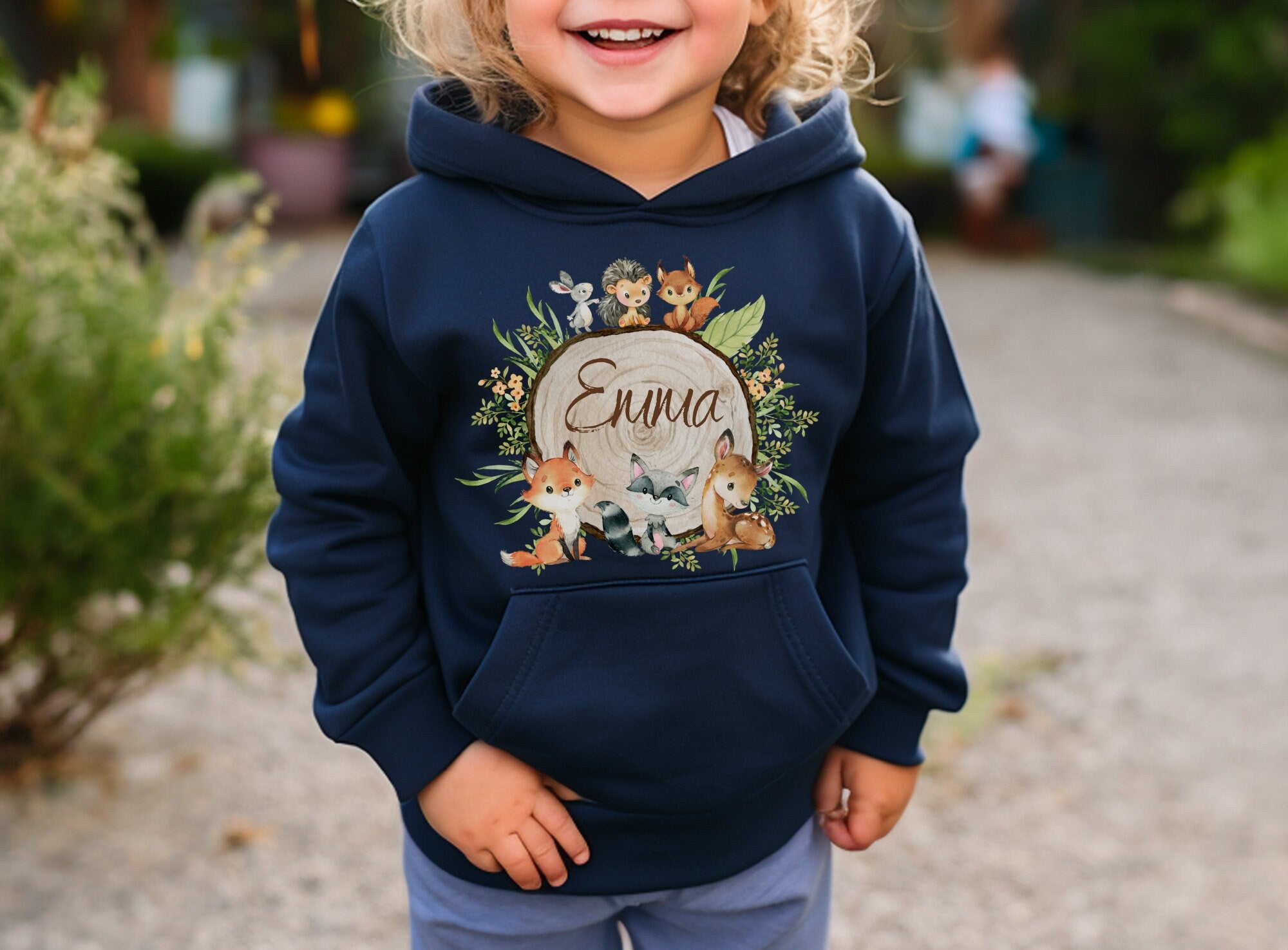 Hoodie personalisiert pullover Pulli Kapuzenpulli Waldtiere Fuchs Reh Waschbär Eule – Sweatshirts