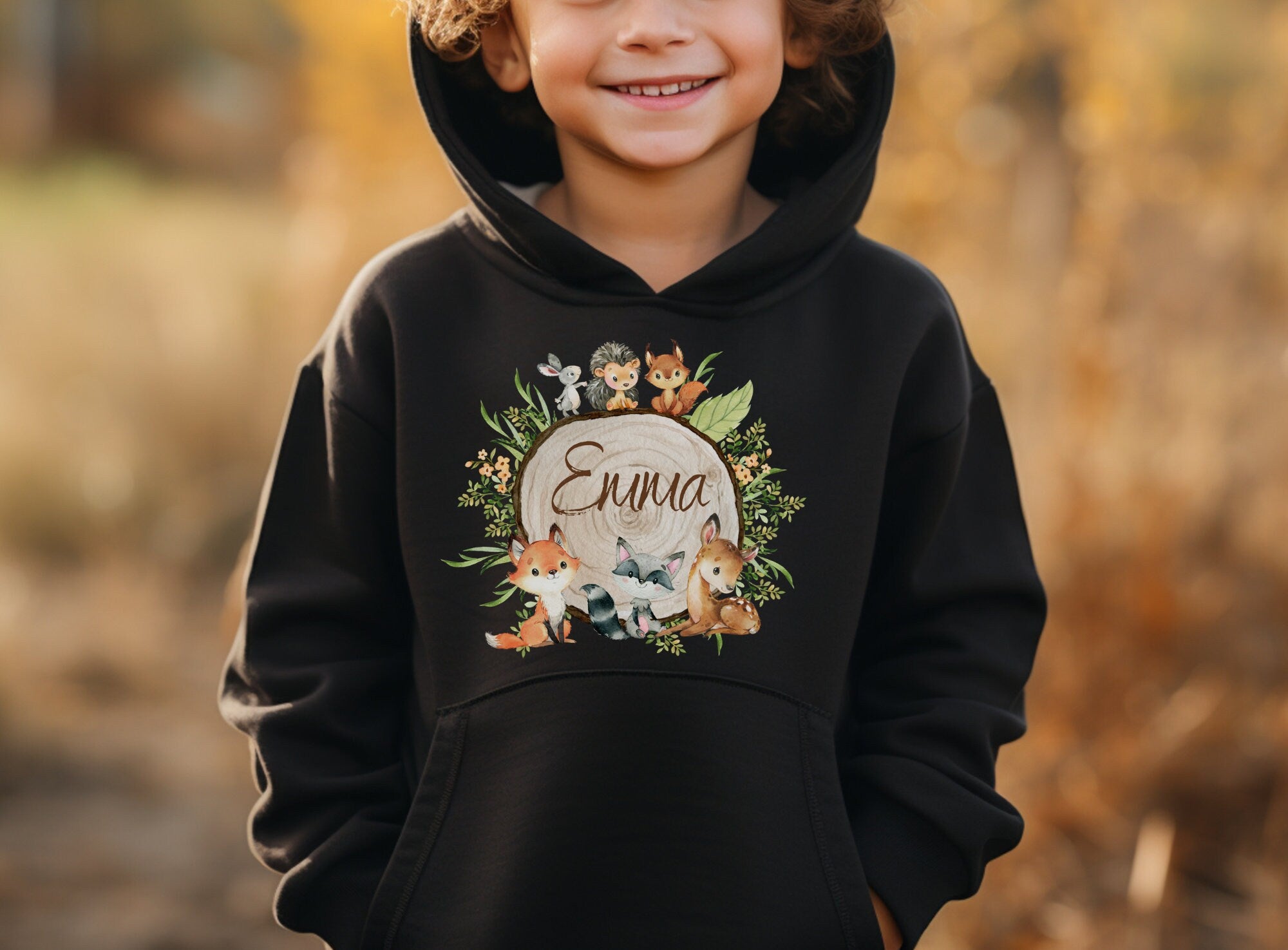 Hoodie personalisiert pullover Pulli Kapuzenpulli Waldtiere Fuchs Reh Waschbär Eule