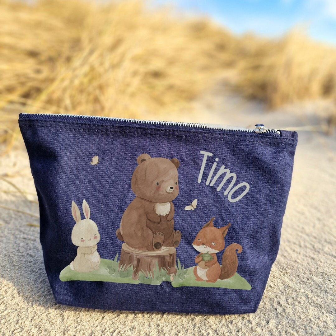 Wickeltasche mit Namen personalisiert Kulturbeutel Waschbeutel Waldtiere Bär Hase – Diaper Caddies