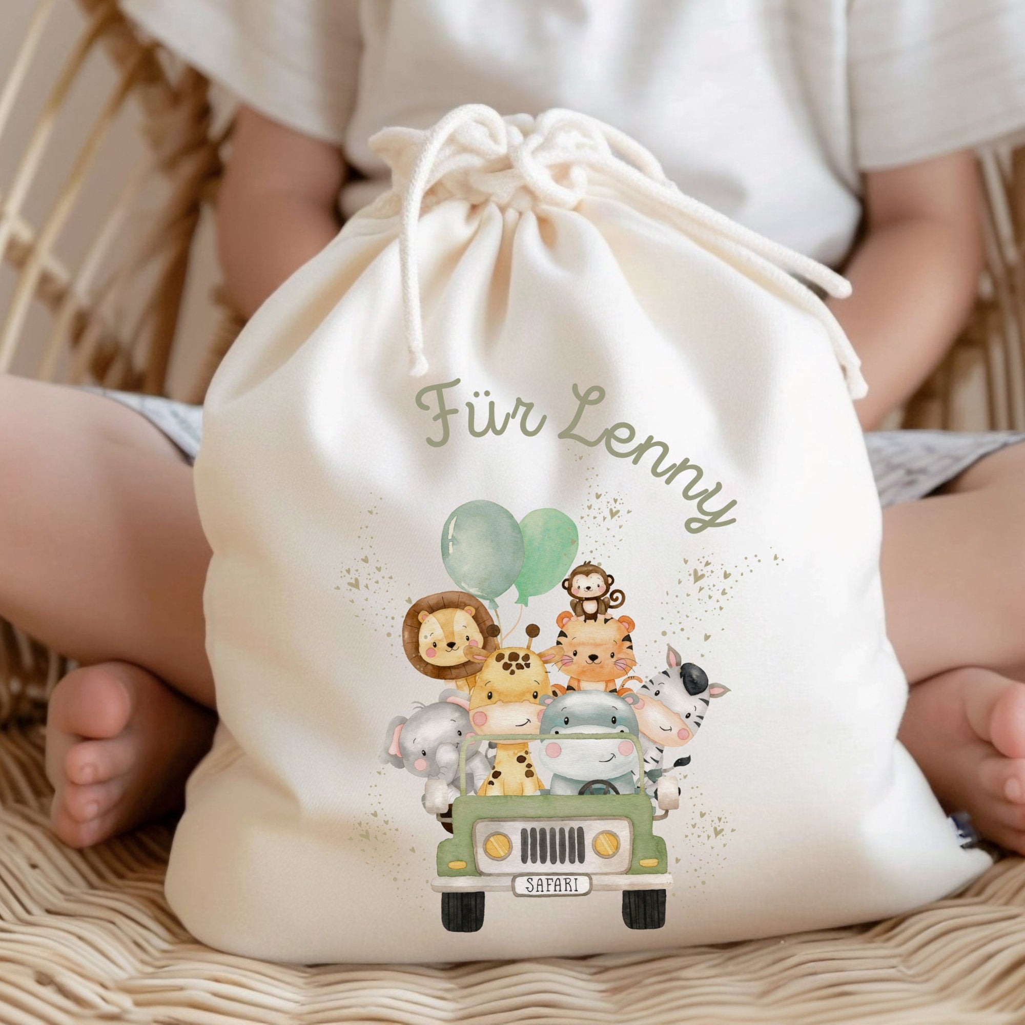 Geschenkbeutel Geschenkesäckchen personalisiert mit Name zum Geburtstag Dschungeltiere Löwe Giraffe Elefant Auto – Gift Wrapping