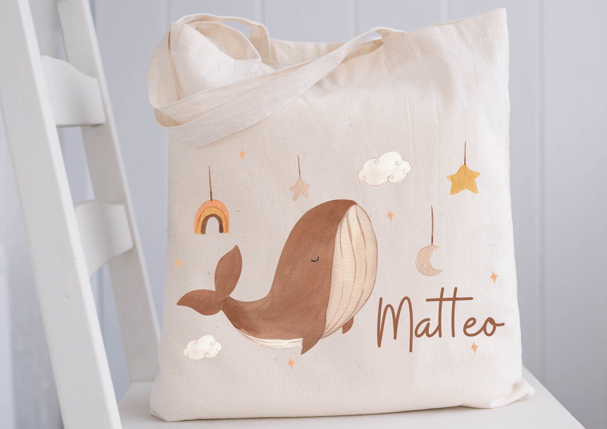 Turnbeutel Jutebeutel Jutetasche mit Namen Beutel für Wechselwäsche personalisiert Boho Wal Regenbogen – Team Sports & Gym Bags