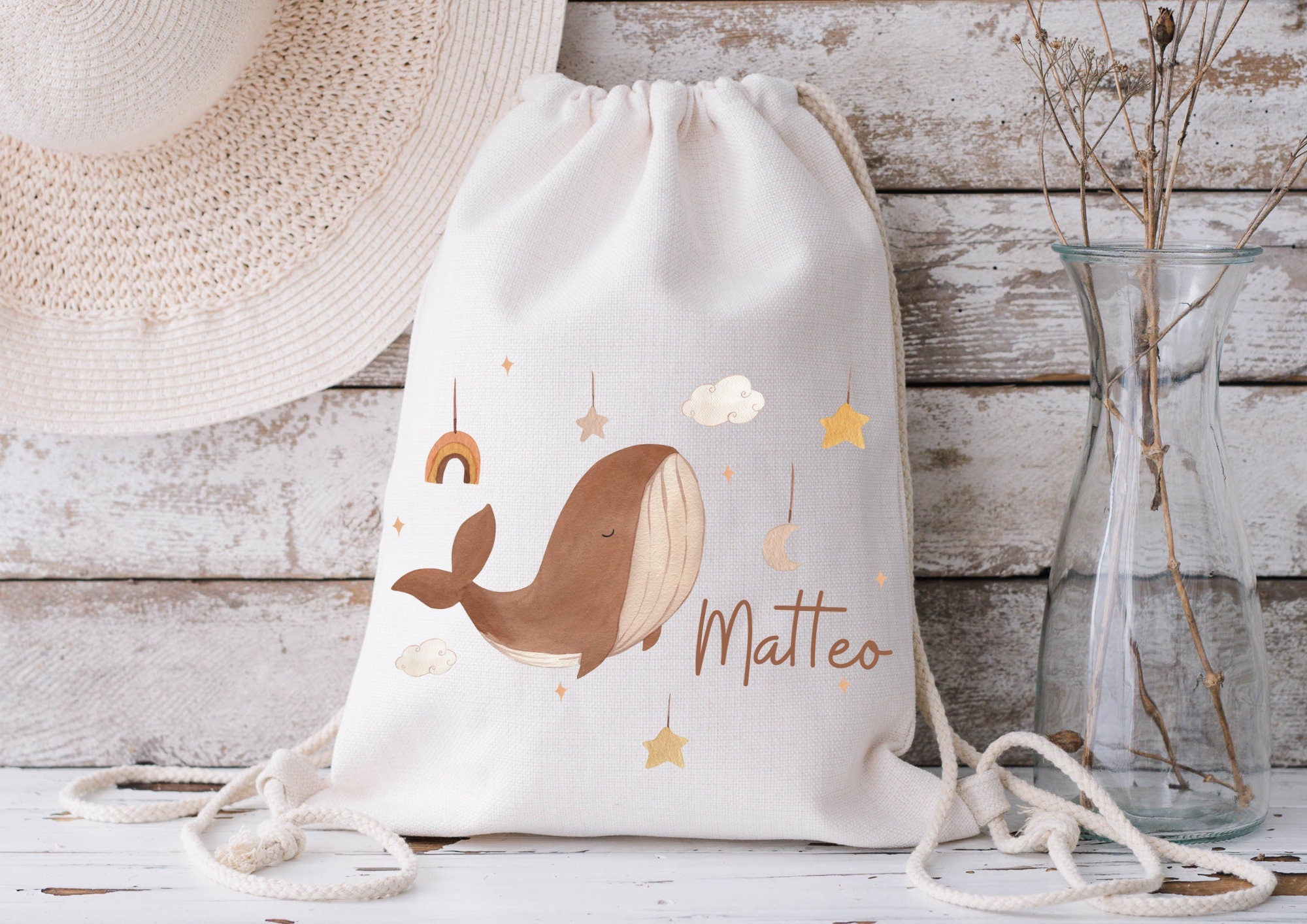 Turnbeutel Jutebeutel Jutetasche mit Namen Beutel für Wechselwäsche personalisiert Boho Wal Regenbogen – Team Sports & Gym Bags