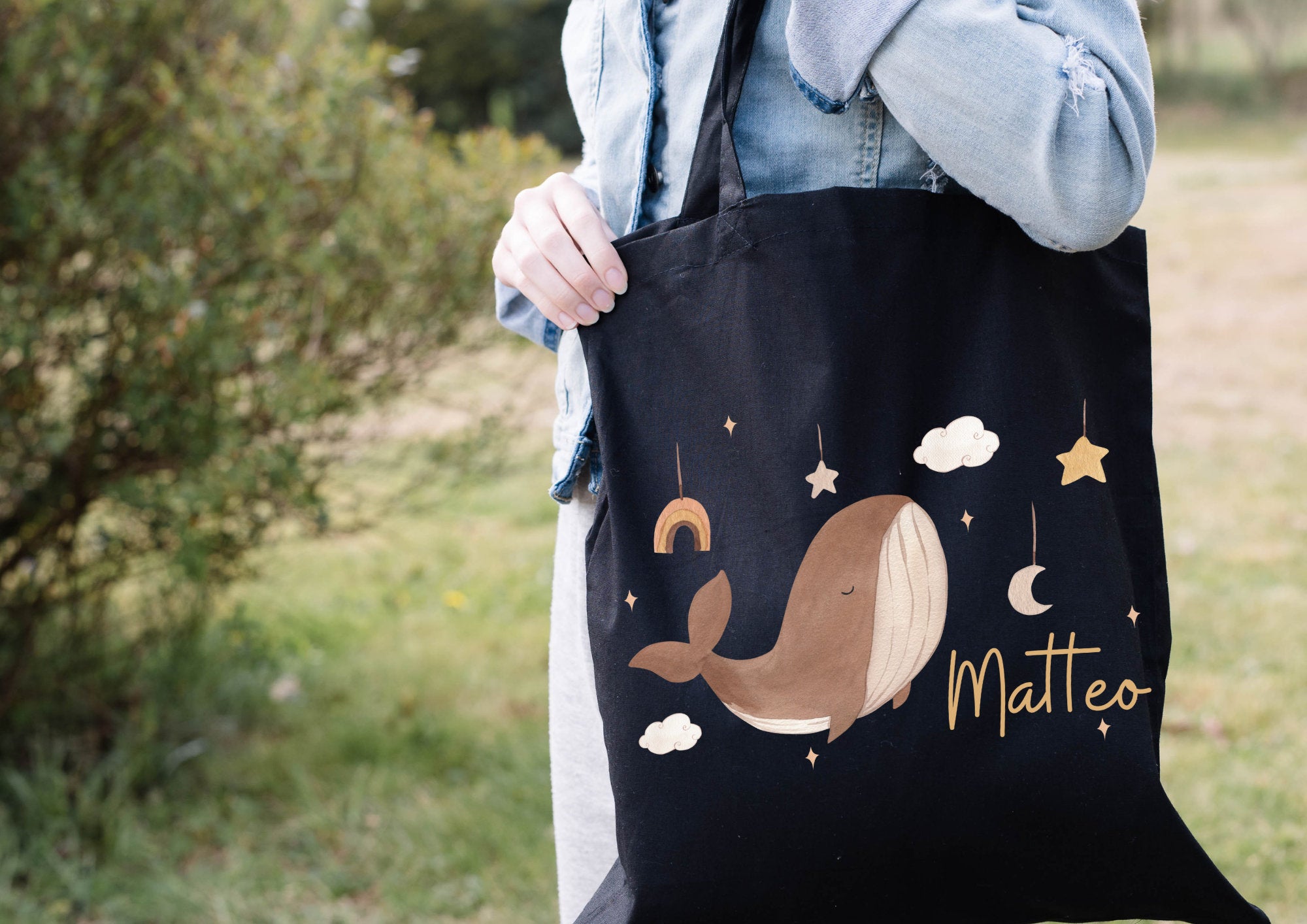 Turnbeutel Jutebeutel Jutetasche mit Namen Beutel für Wechselwäsche personalisiert Boho Wal Regenbogen – Team Sports & Gym Bags