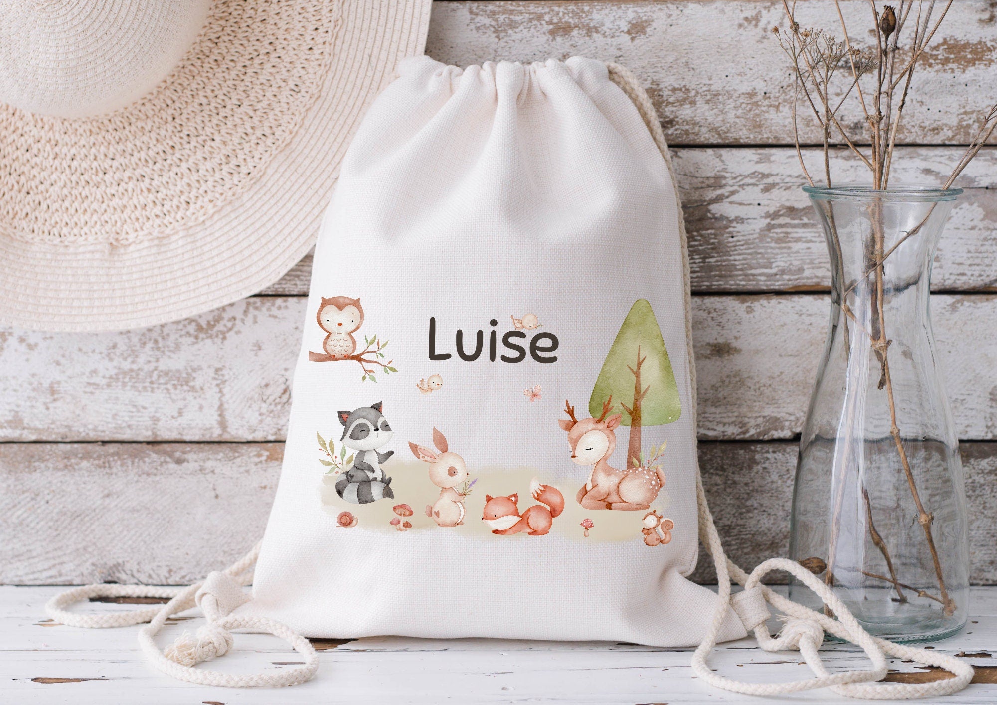 Turnbeutel Jutebeutel Jutetasche mit Namen Beutel für Wechselwäsche personalisiert Boho Waldtiere Fuchs Reh Hase Eule – Team Sports & Gym Bags