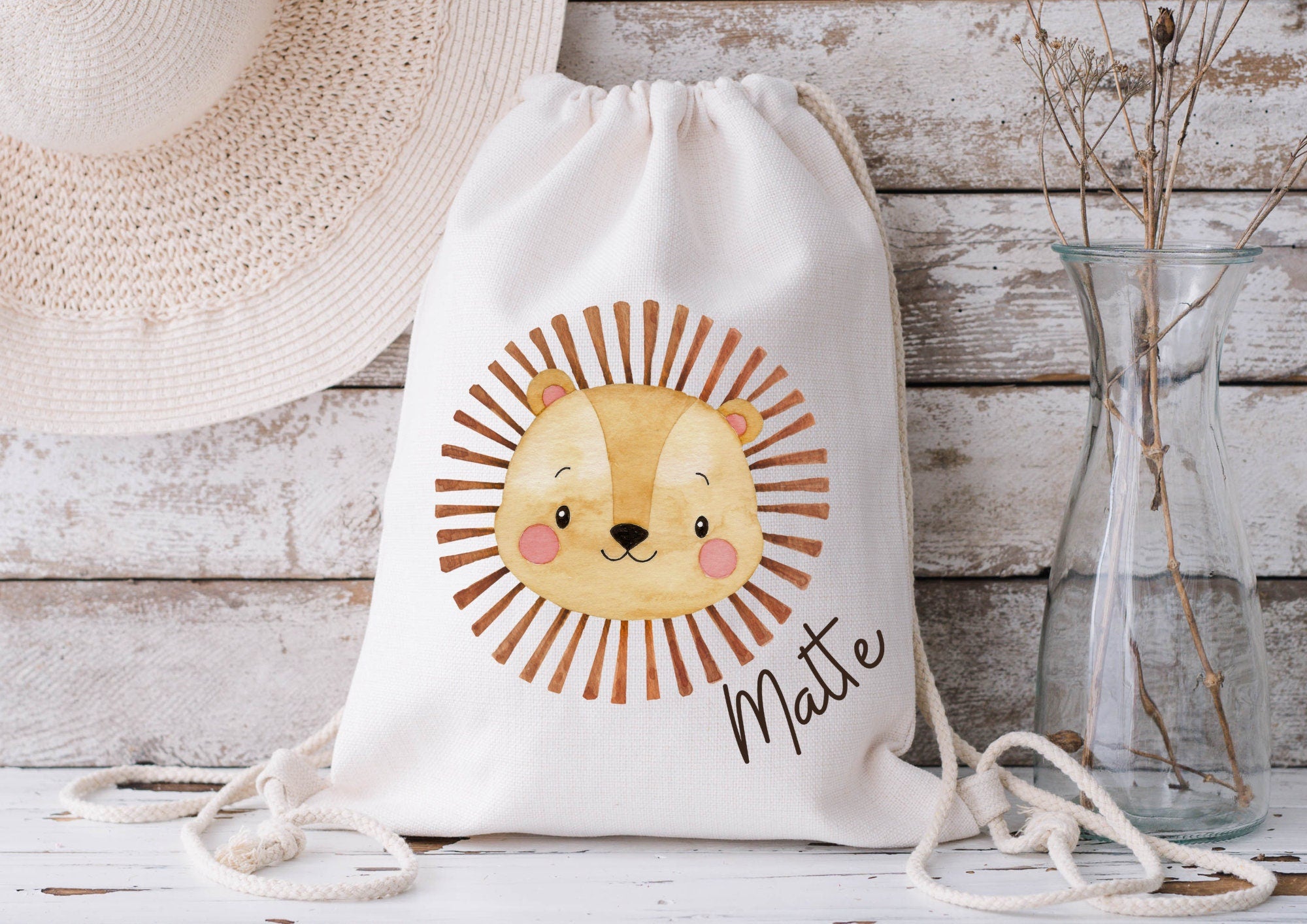 Turnbeutel mit Namen – Beutel für Wechselwäsche – personalisiert für Kita & garten – Löwe Motiv Boho – Team Sports & Gym Bags