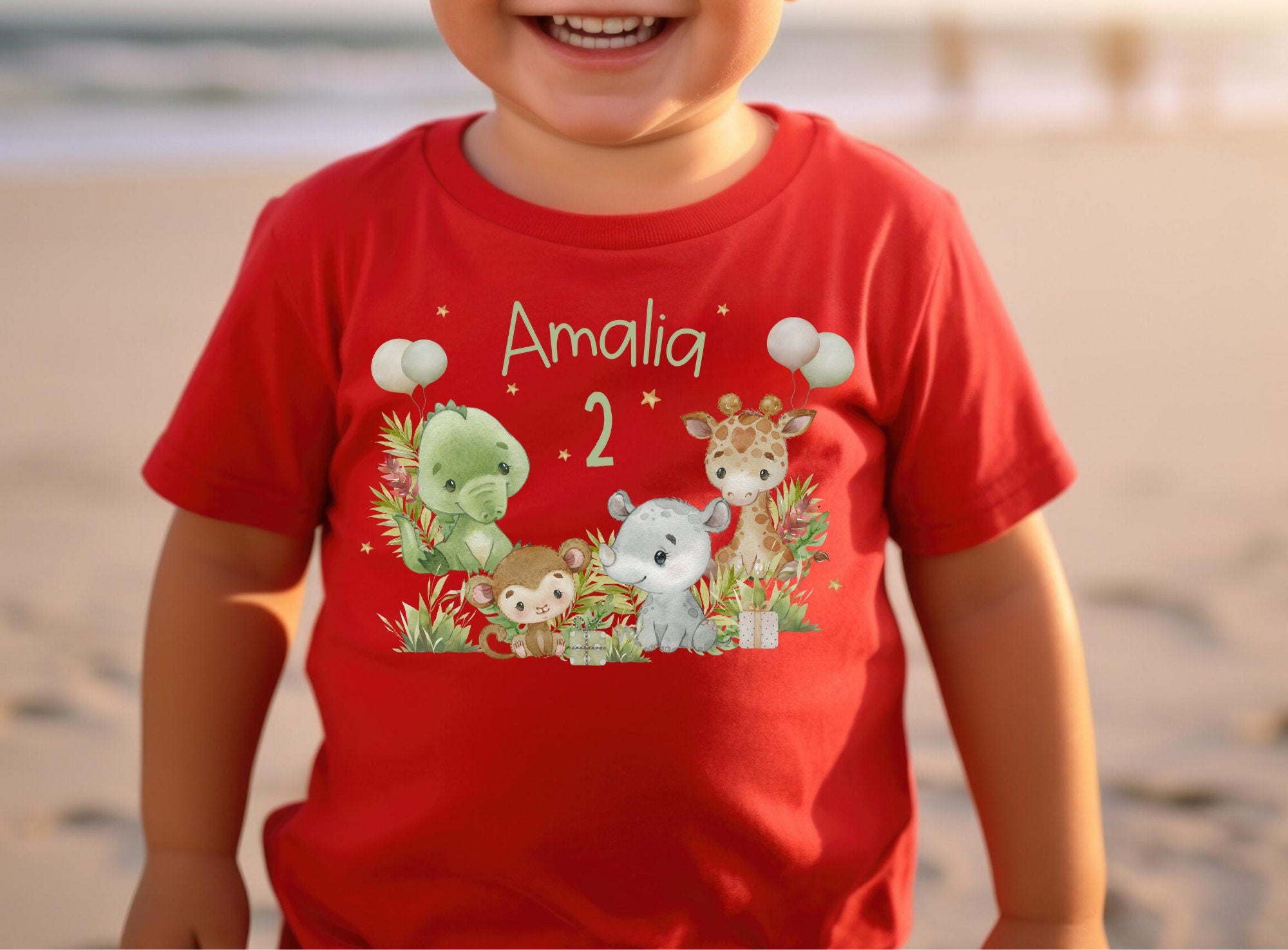 Geburtstagsshirt personalisiert Dschungeltiere Krokodil Giraffe Affe Nashorn Wild One – T-shirts