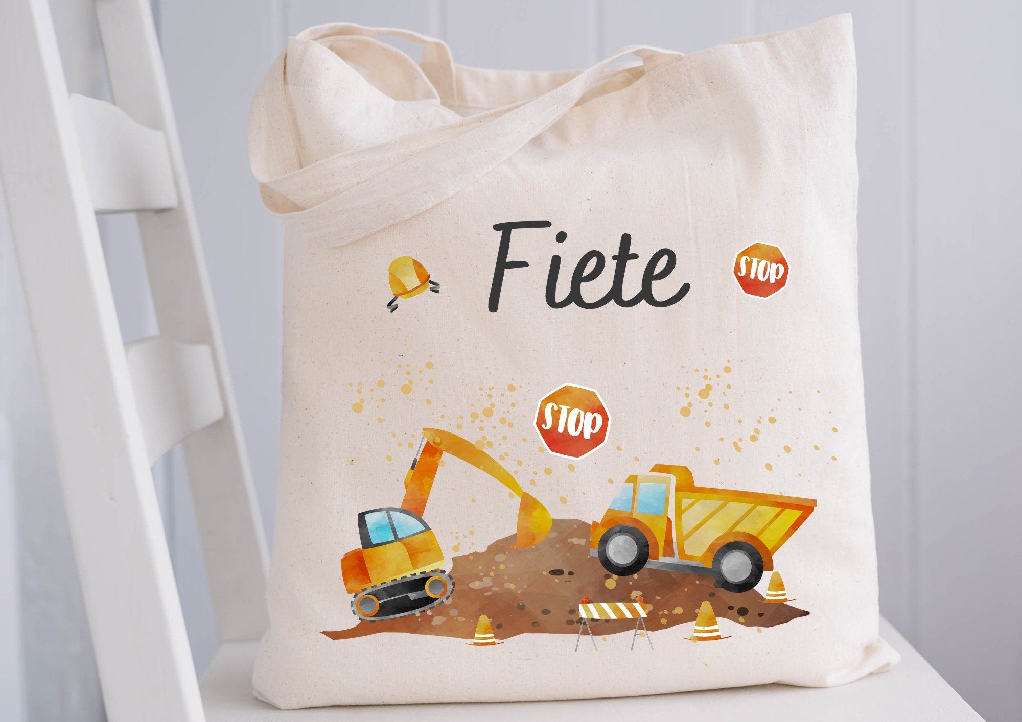 mit Namen – Bagger & Radlader Motiv – personalisiert – Turnbeutel Baustelle – Kita und Einschulung n – Baumwolle – Team Sports & Gym Bags