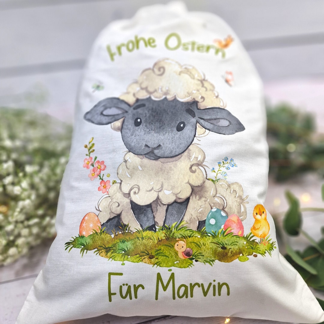 Geschenkbeutel Geschenkesäckchen Ostern personalisiert mit Name Osterkorb Schaf Osterlamm Lämpchen – Gift Wrapping