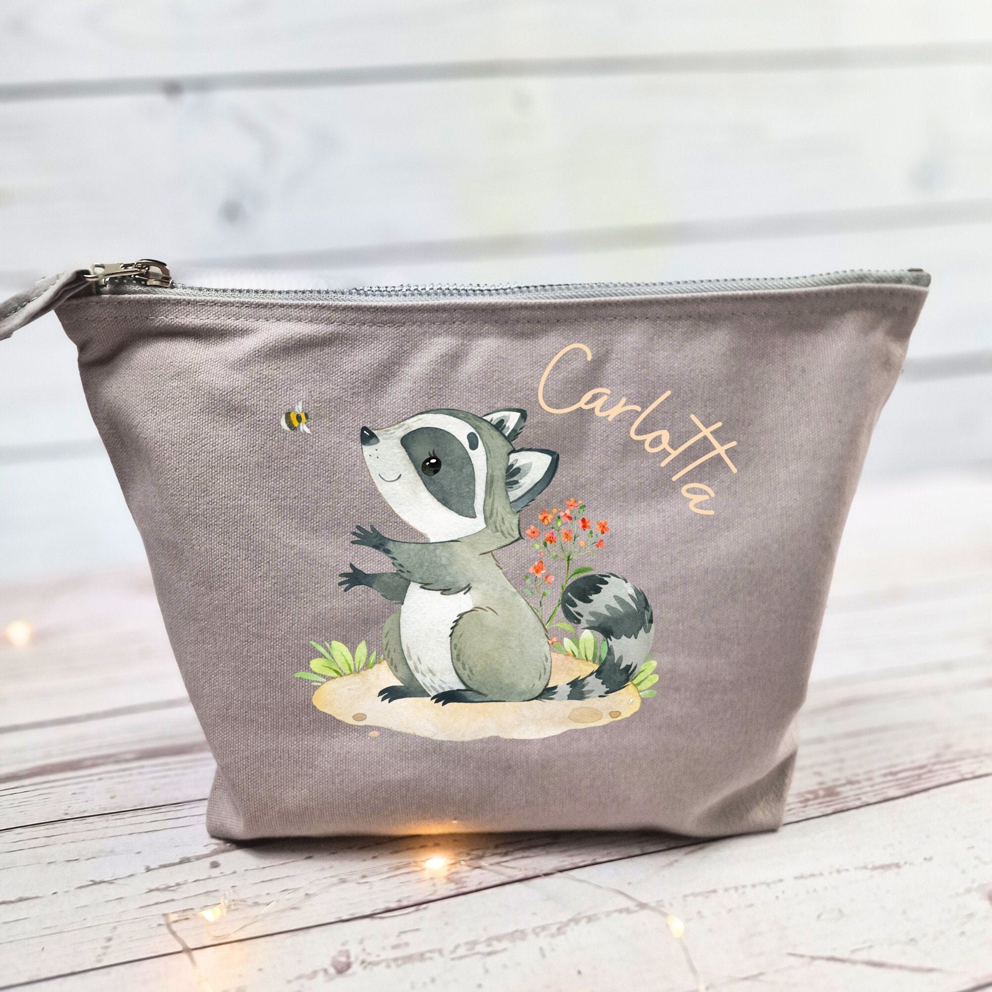 Wickeltasche mit Namen personalisiert Kulturbeutel Waschbeutel Wal Waschbär Waldtiere – Diaper Caddies