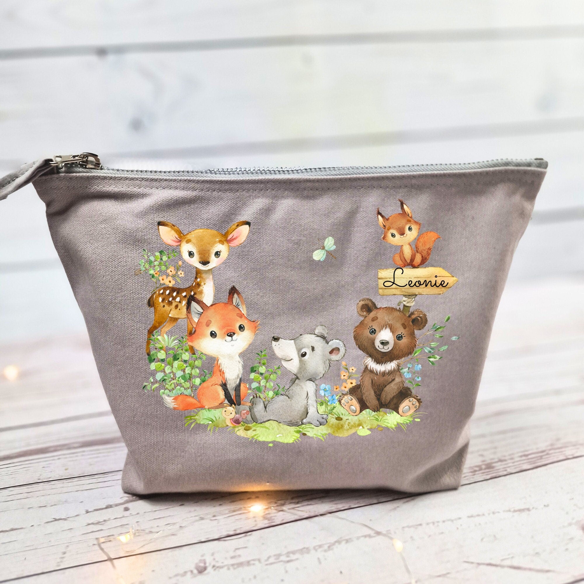 Wickeltasche mit Namen personalisiert Kulturbeutel Waschbeutel Waldtiere Bär Reh Hase Eule – Diaper Caddies
