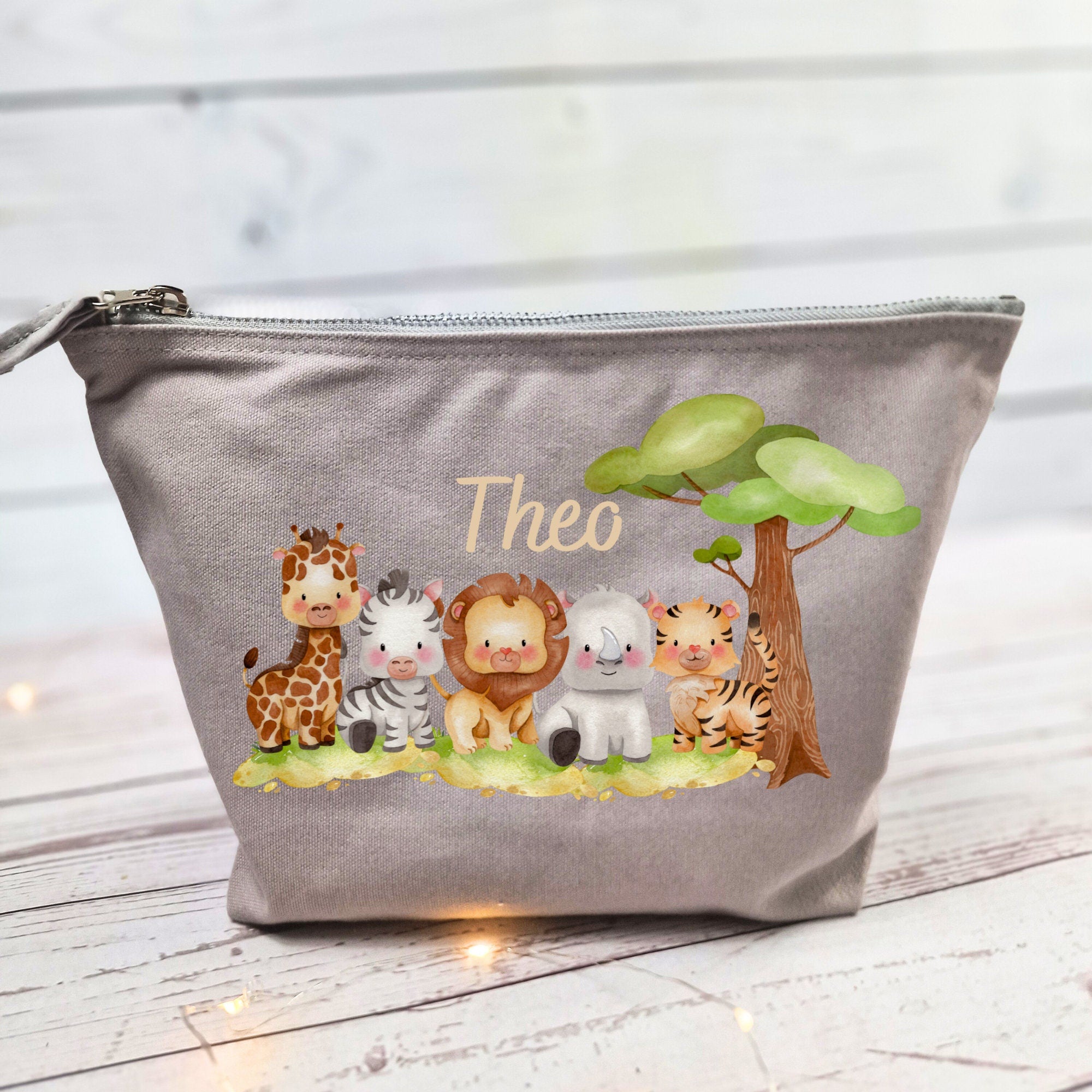 Wickeltasche mit Namen personalisiert Kulturbeutel Waschbeutel Dschungeltiere Giraffe Affe Nashorn Löwe – Diaper Caddies