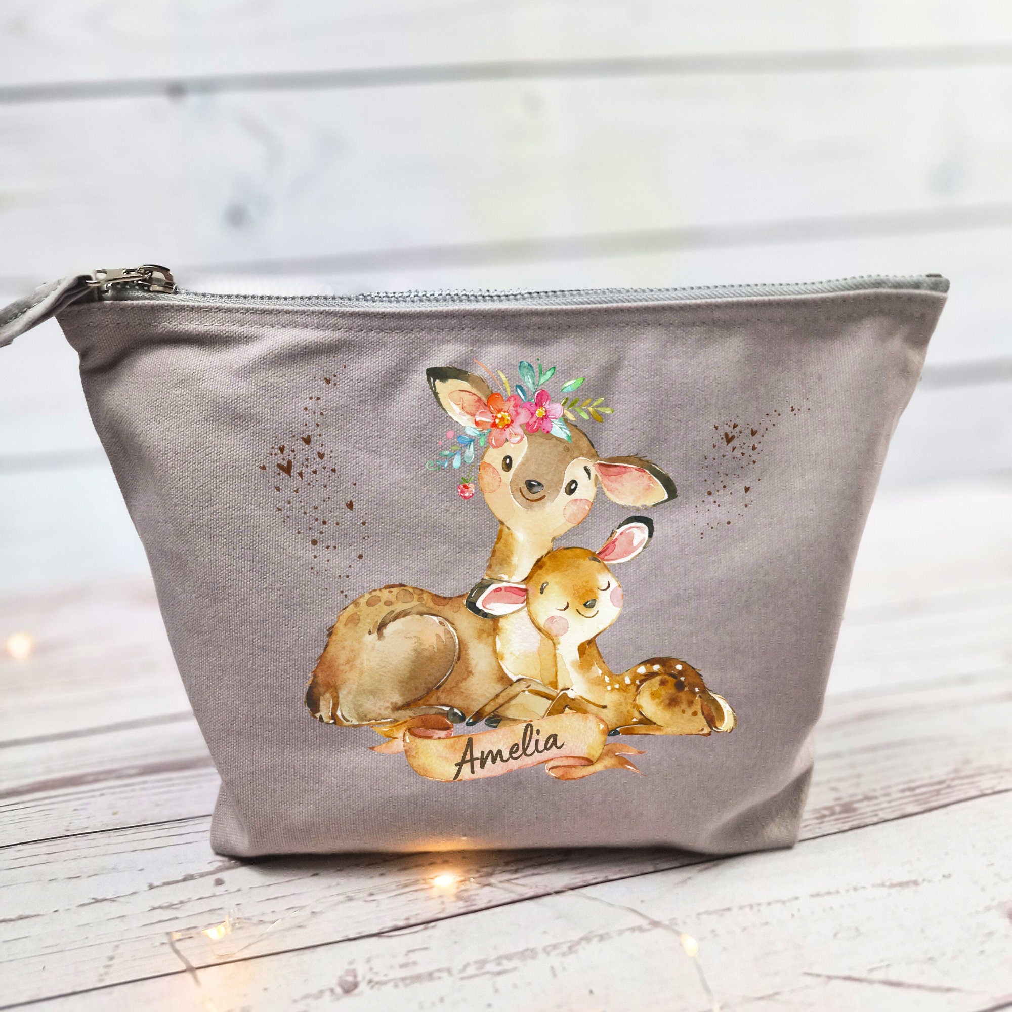 Wickeltasche mit Namen personalisiert Kulturbeutel Waschbeutel Waldtiere Bär Reh Mama und Baby – Diaper Caddies