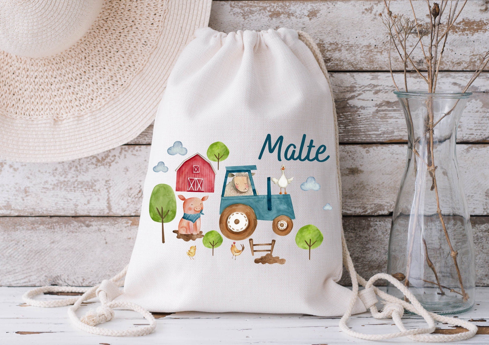 Turnbeutel Jutebeutel Jutetasche mit Namen Beutel für Wechselwäsche personalisiert Traktor Trecker Bauernhof blau – Team Sports & Gym Bags