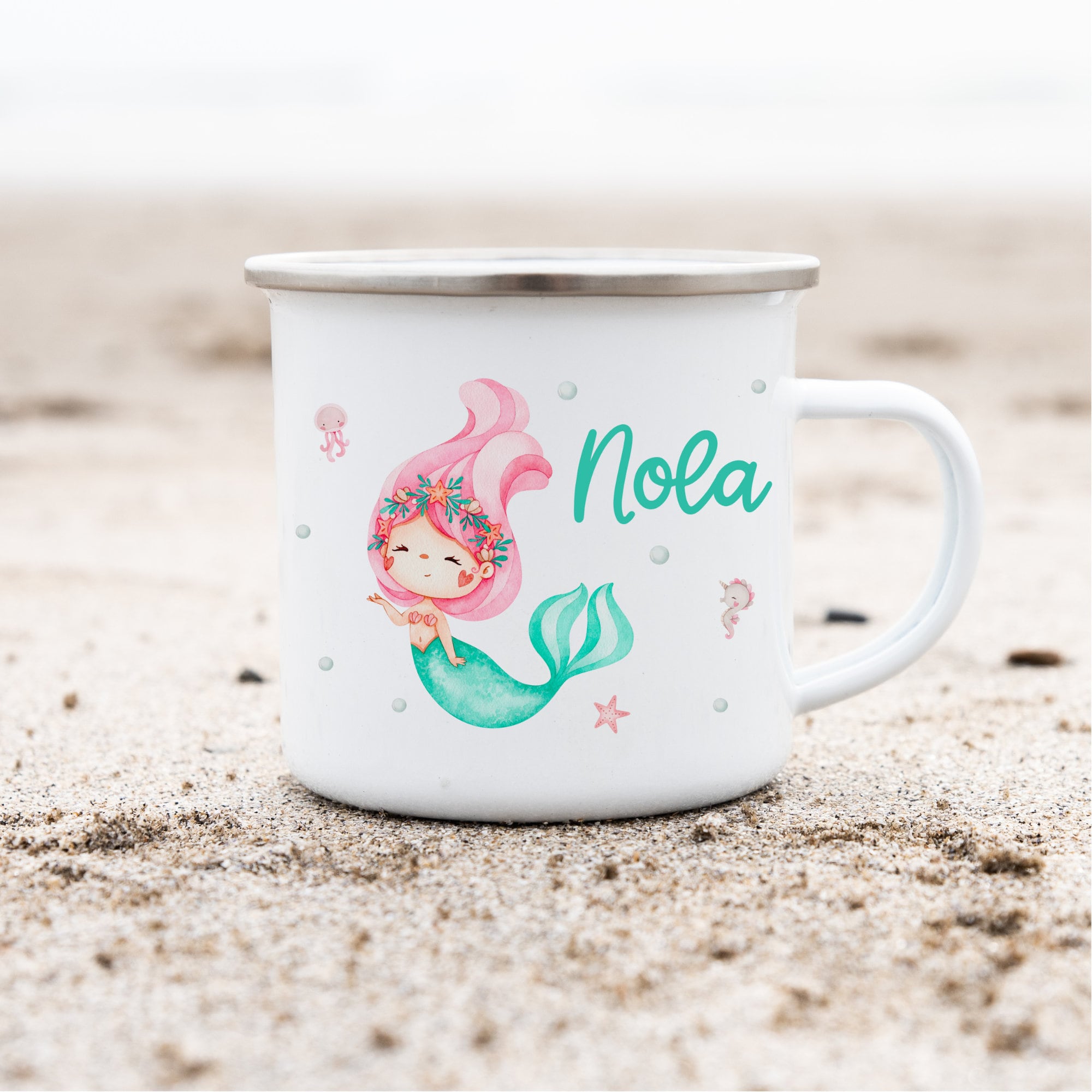 Emailletasse mit Namen personalisiert Schildkröte Unterwasser Meerjungfrau Nixe – Mugs