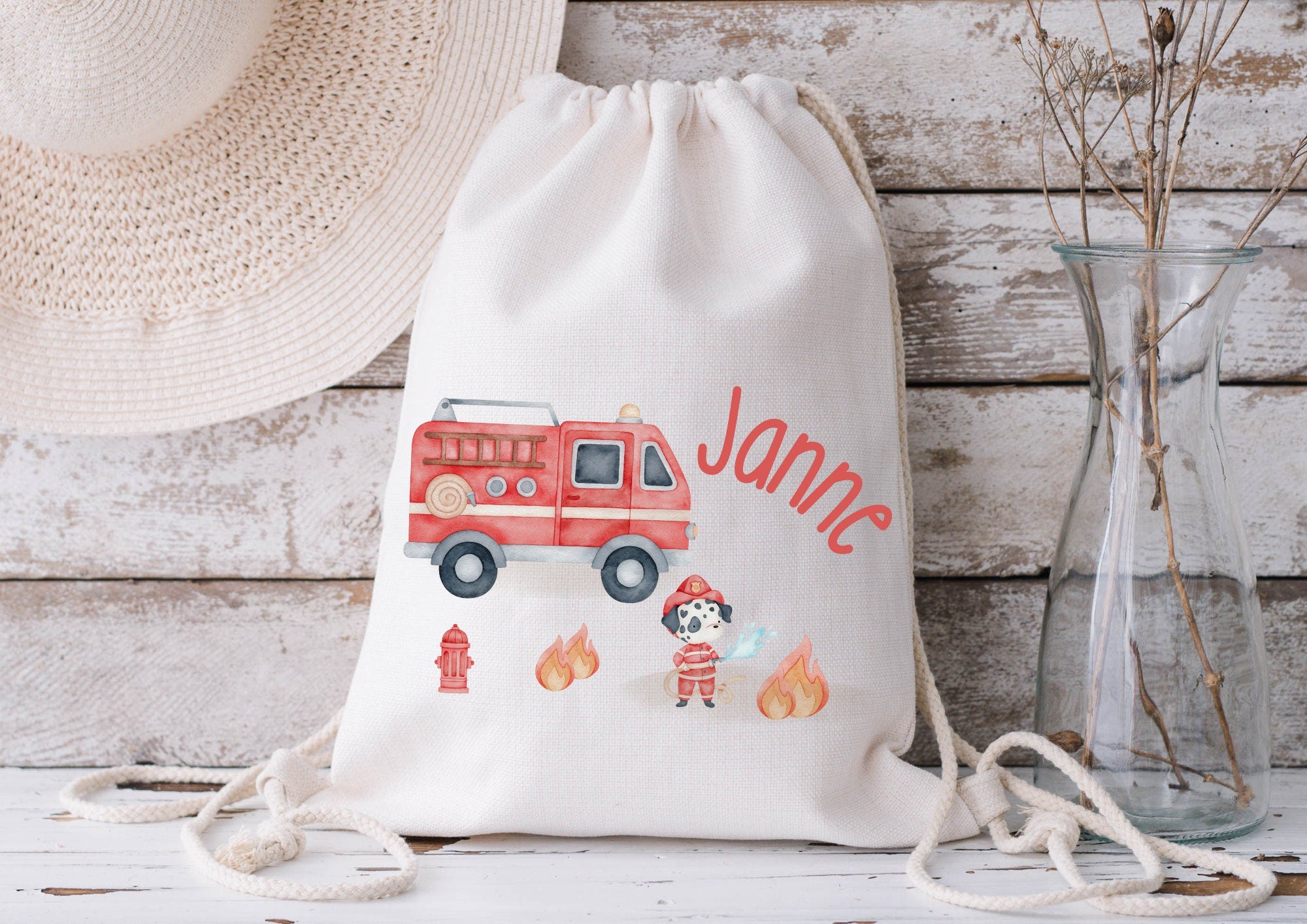 Turnbeutel Jutebeutel Jutetasche mit Namen Beutel für Wechselwäsche personalisiert Feuerwehr Feuerwehrmann Feuerwehrauto – Team Sports & Gym Bags