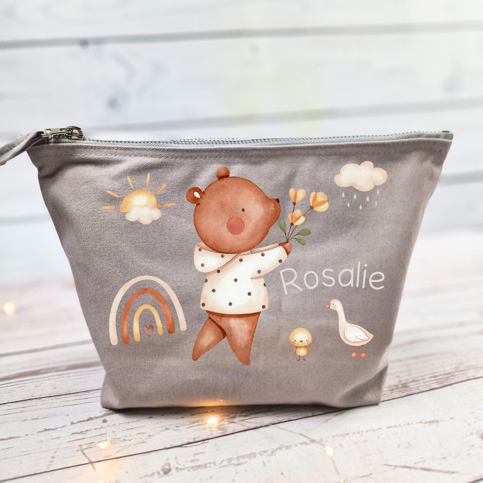 Wickeltasche mit Namen personalisiert Kulturbeutel Waschbeutel Bär Regenbogen Gans – Diaper Caddies