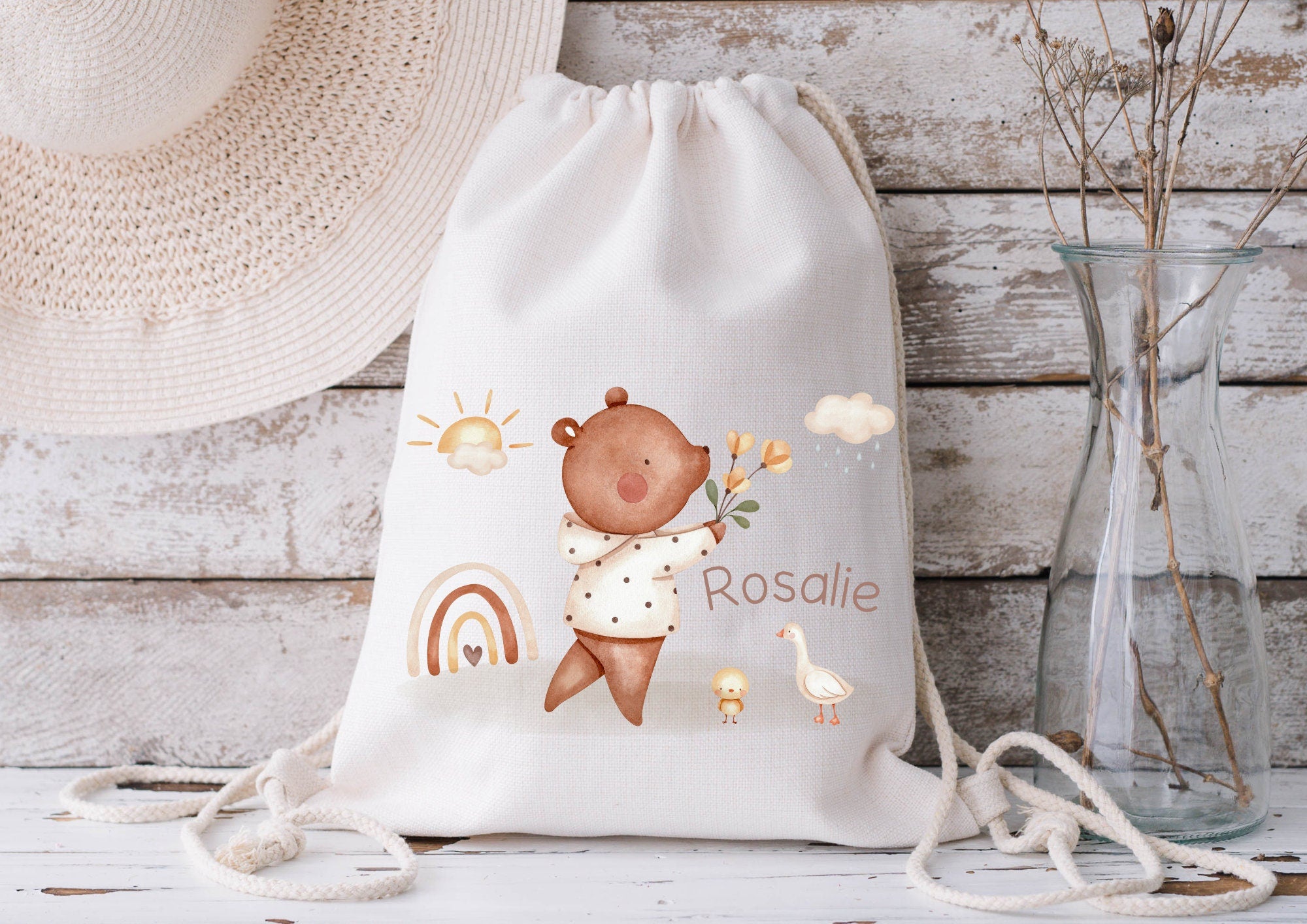 Turnbeutel Jutebeutel Jutetasche mit Namen Beutel für Wechselwäsche personalisiert Bär Regenbogen Boho – Team Sports & Gym Bags