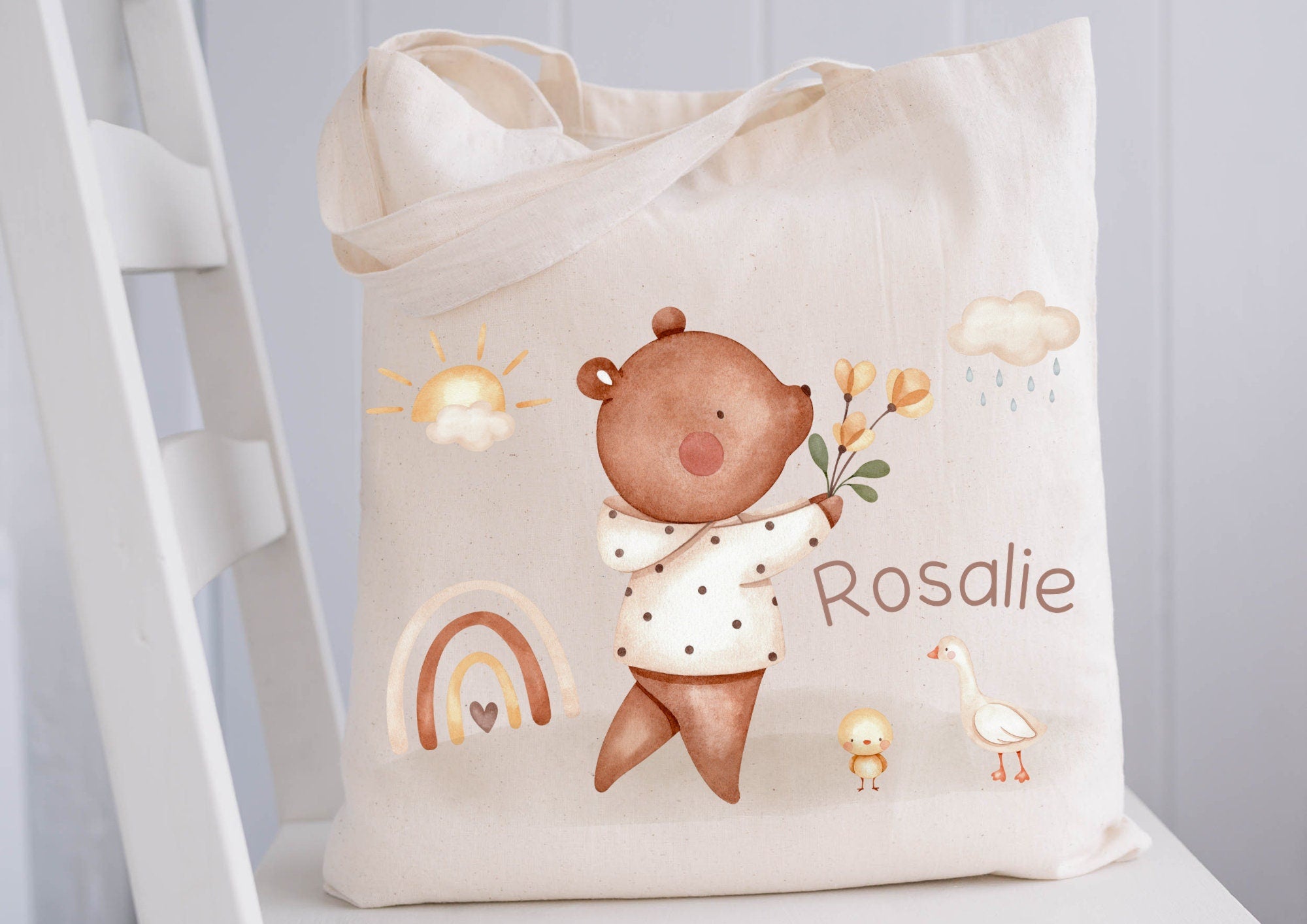 Turnbeutel Jutebeutel Jutetasche mit Namen Beutel für Wechselwäsche personalisiert Bär Regenbogen Boho – Team Sports & Gym Bags