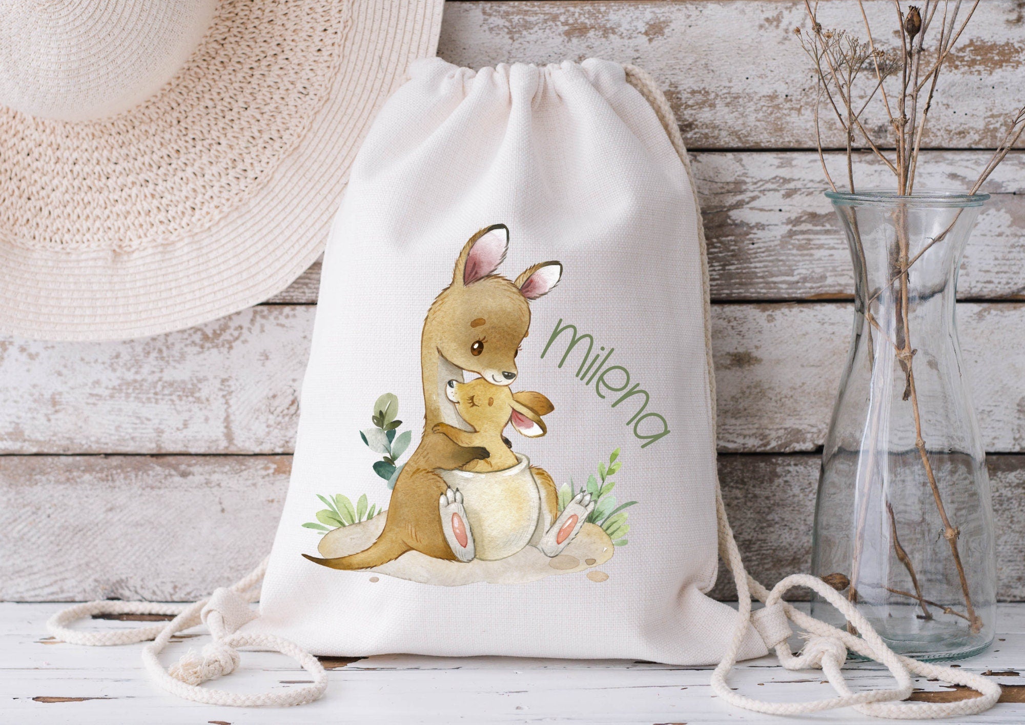 Turnbeutel Jutebeutel Jutetasche mit Namen Beutel für Wechselwäsche personalisiert Känguru Mama und Baby – Team Sports & Gym Bags