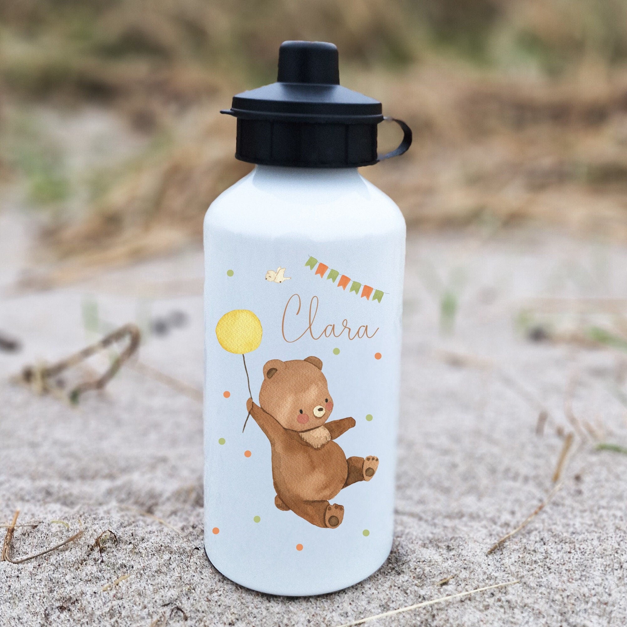 Trinkflasche Wasserflasche Trinkflasche mit Namen Flasche Personalisierte Flasche 500ml Märchen Bär Luftballon Boho mit Karabiner – Water Bottles