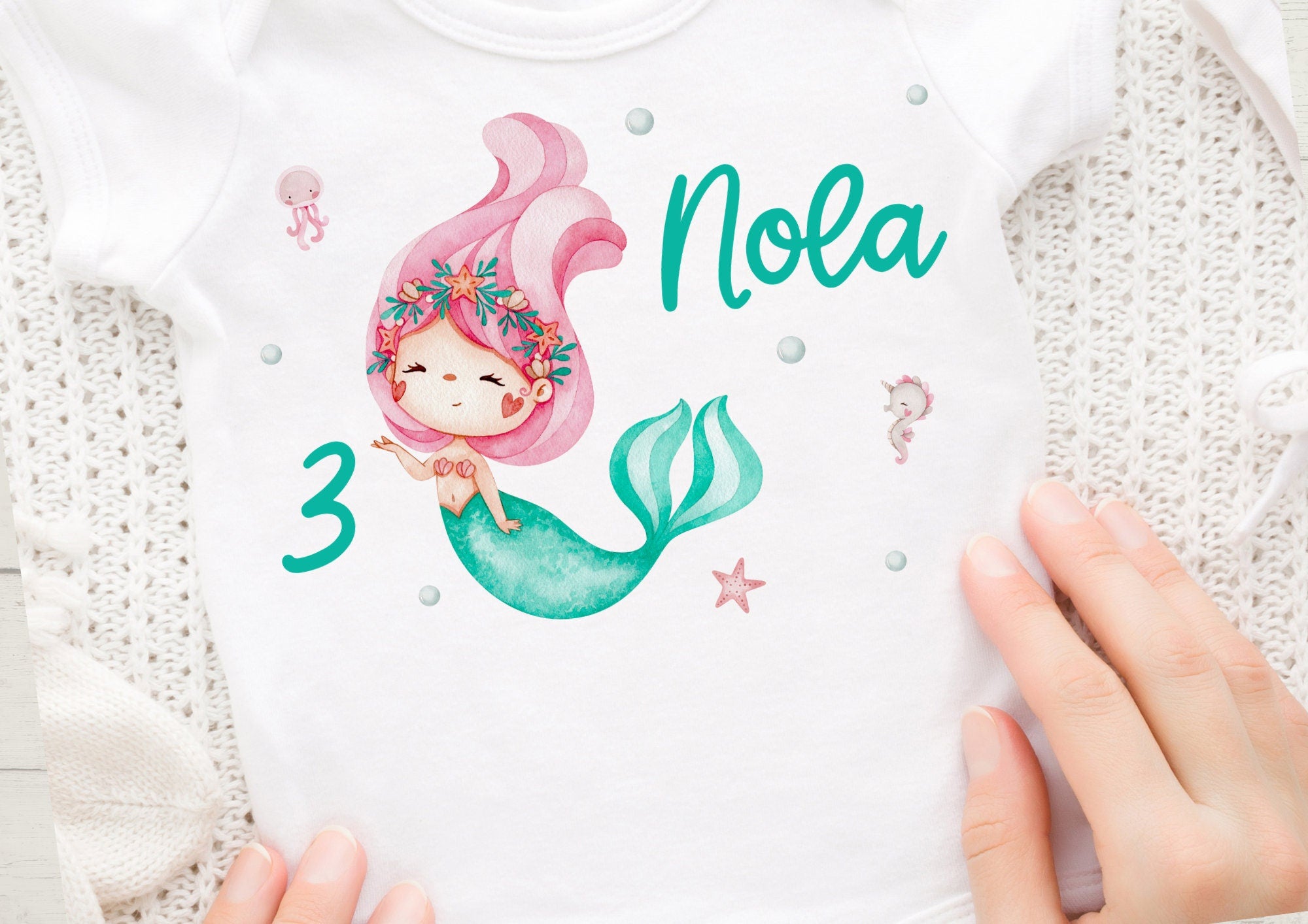 Bügelbild für bunte ien mit Wunschname und Alter personalisiert Meerjungfrau Nixe Unterwasser Meer Unterwasser – Appliques & Patches
