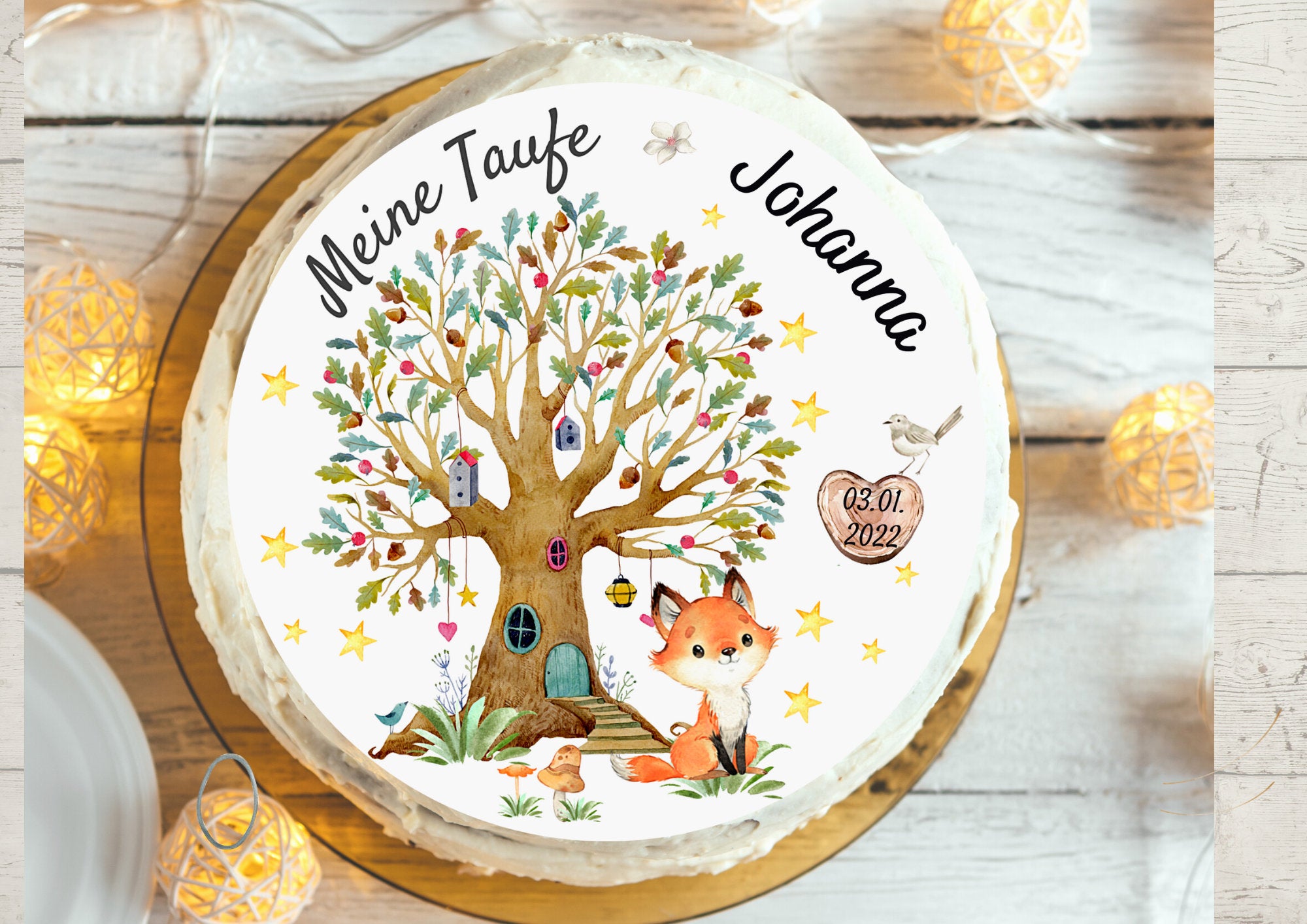 Tortenaufleger Lebensbaum zur Taufe – personalisiert – für Taufkuchen – & – vegan und essbar – Fondantbild Natur – Party Decor