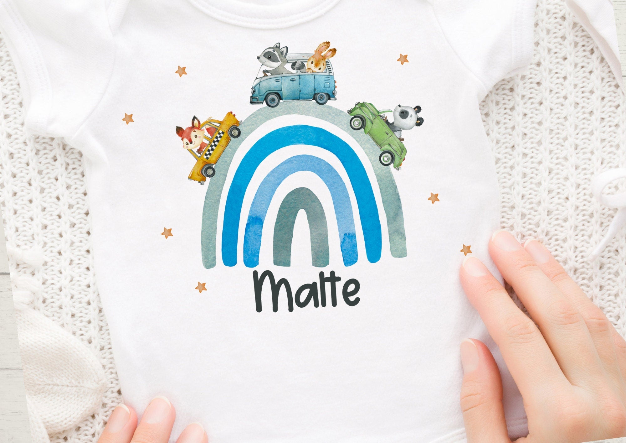 Bügelbild für bunte Stoffe mit Wunschname für bunte und weiße Stoffe personalisiert Regenbogen Autos Bus Rennauto Fuchs Hase Panda – Appliques & Patches