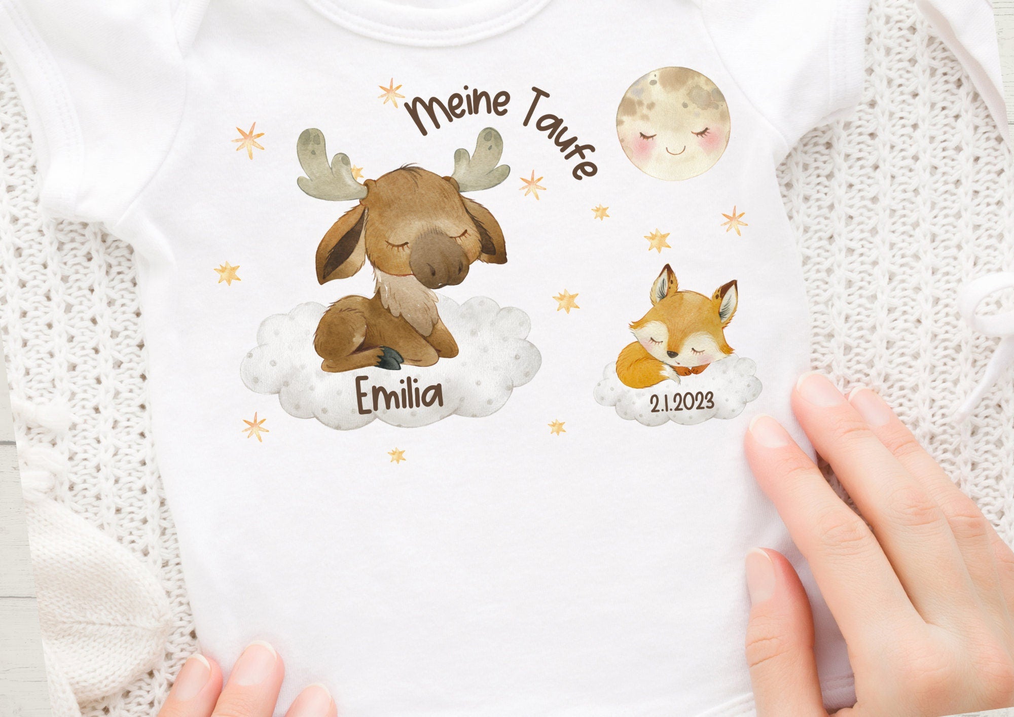 Bügelbild mit Wunschname Taufdatum für die Taufe Waldtiere Fuchs Reh Elch – Appliques & Patches