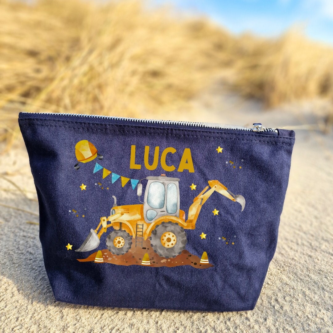 Wickeltasche mit Namen personalisiert Kulturbeutel Waschbeutel Bagger