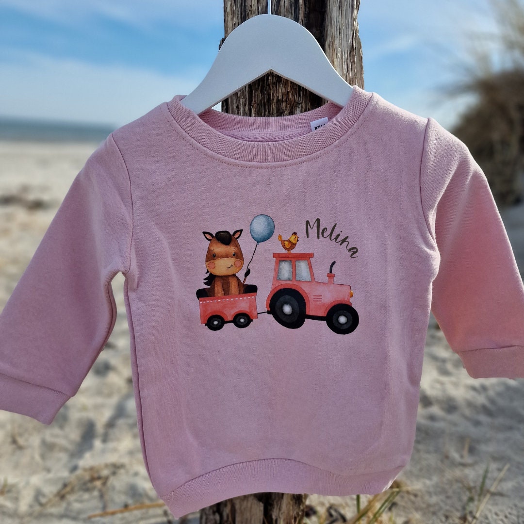 Pullover Sweatshirt Sweater personalisiert Kinderpullover Babypullover Traktor rosa Bauernhof personalisiert