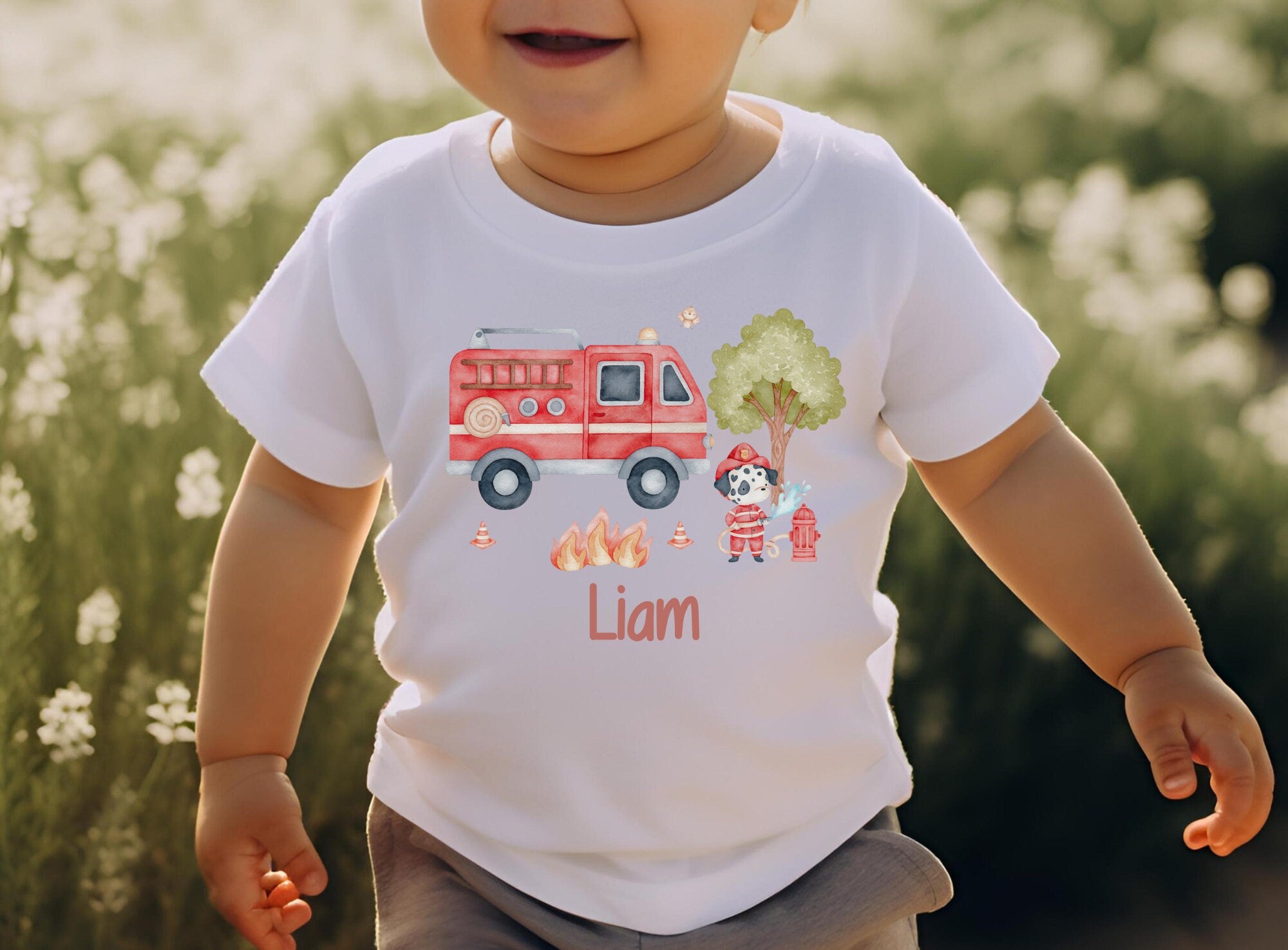 Shirt Kurzarm mit Name personalisiert shirt Feuerwehr Feuerwehrauto Hund Feuer – Sweatshirts