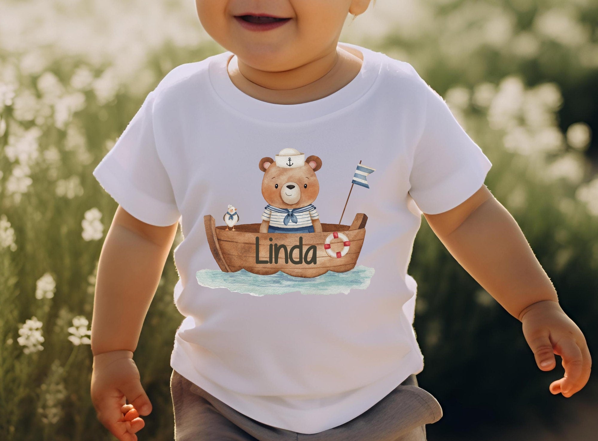 T-Shirt Shirt Kurzarm mit Name personalisiert Kindershirt Boot Bär Maritim Matrose