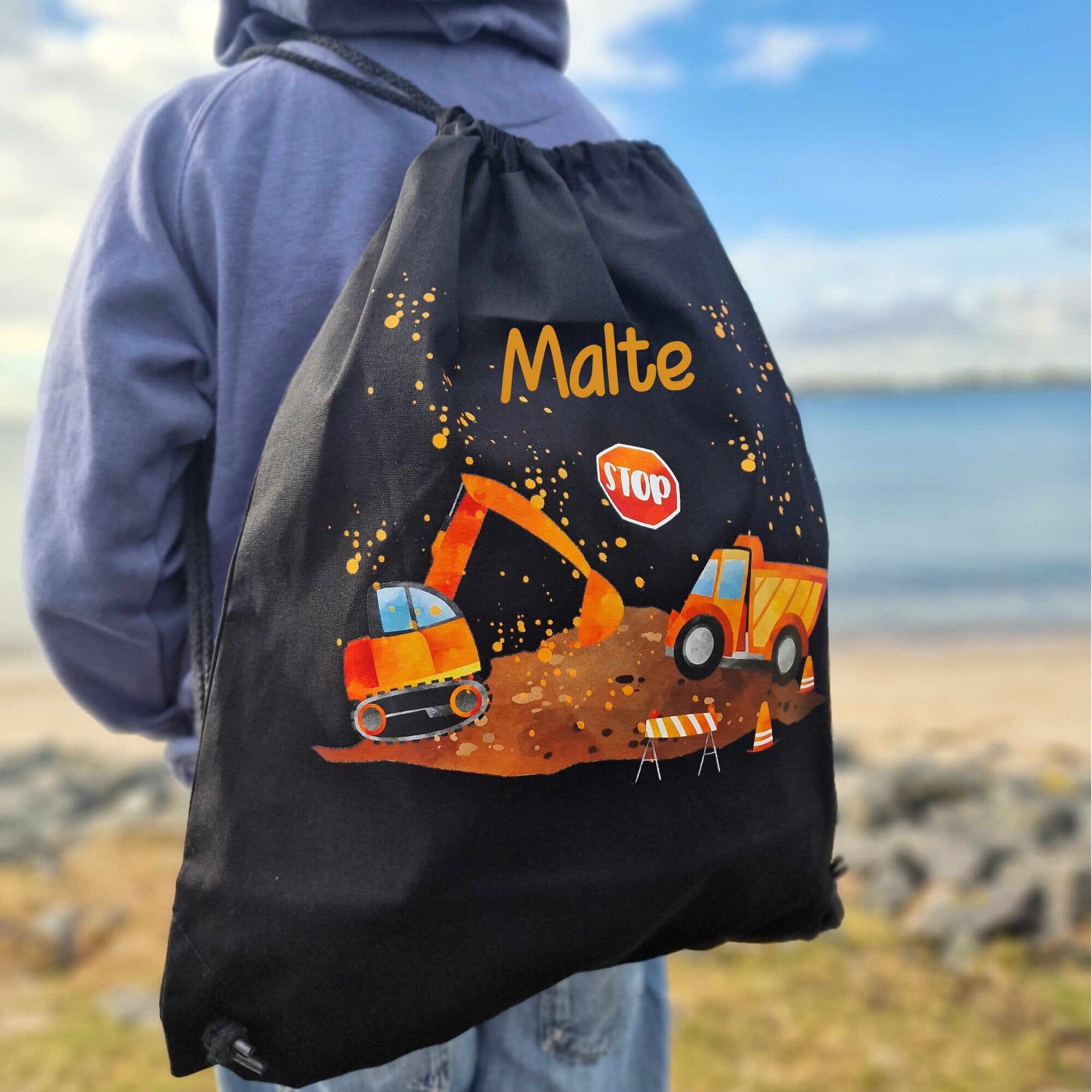 Turnbeutel mit Name personalisiert Baustelle Bagger Baustellenfahrzeuge Laster Lastwagen – Team Sports & Gym Bags