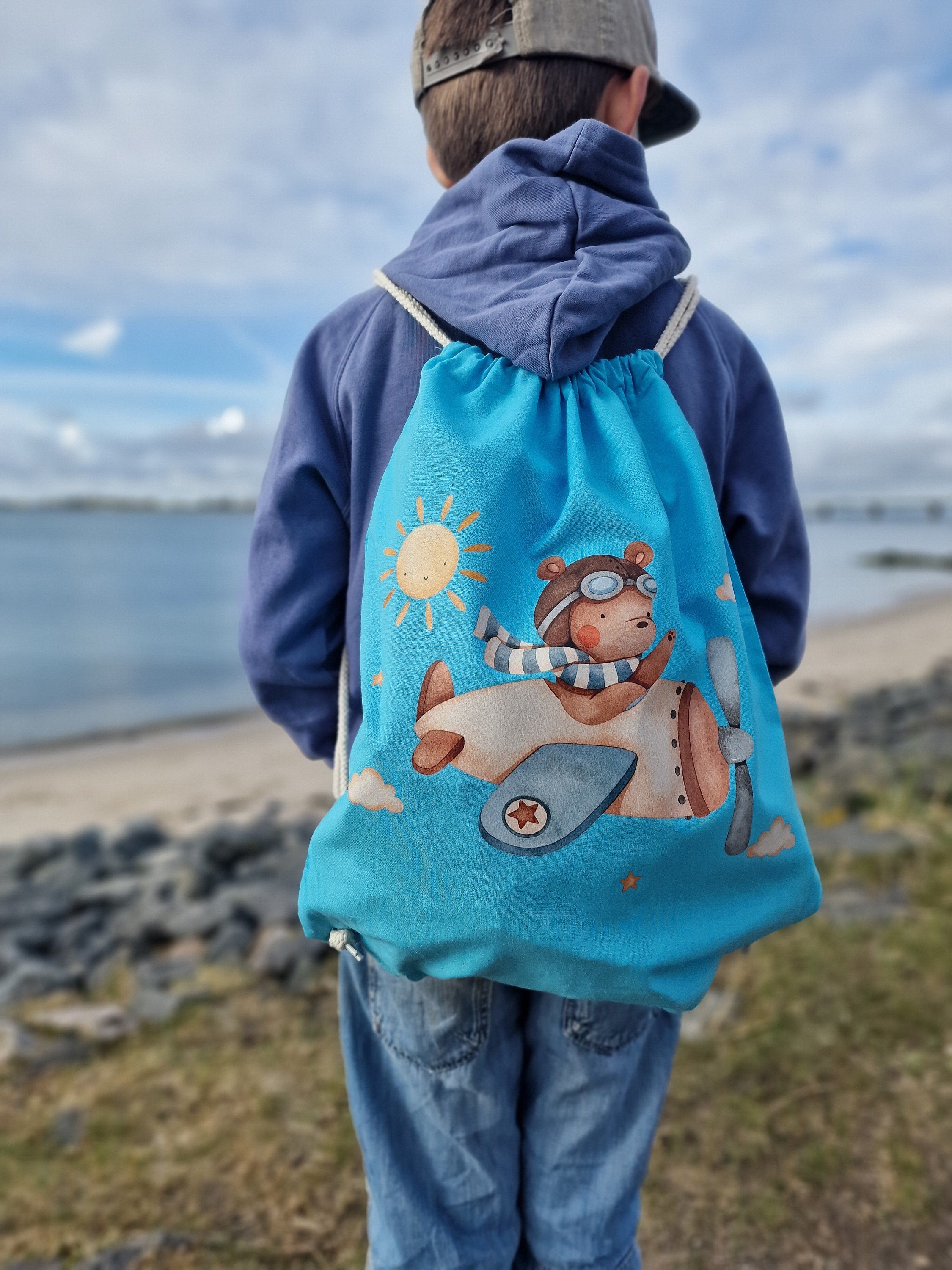 Turnbeutel mit Name personalisiert Hubschrauber Flugzeug Bär – Team Sports & Gym Bags