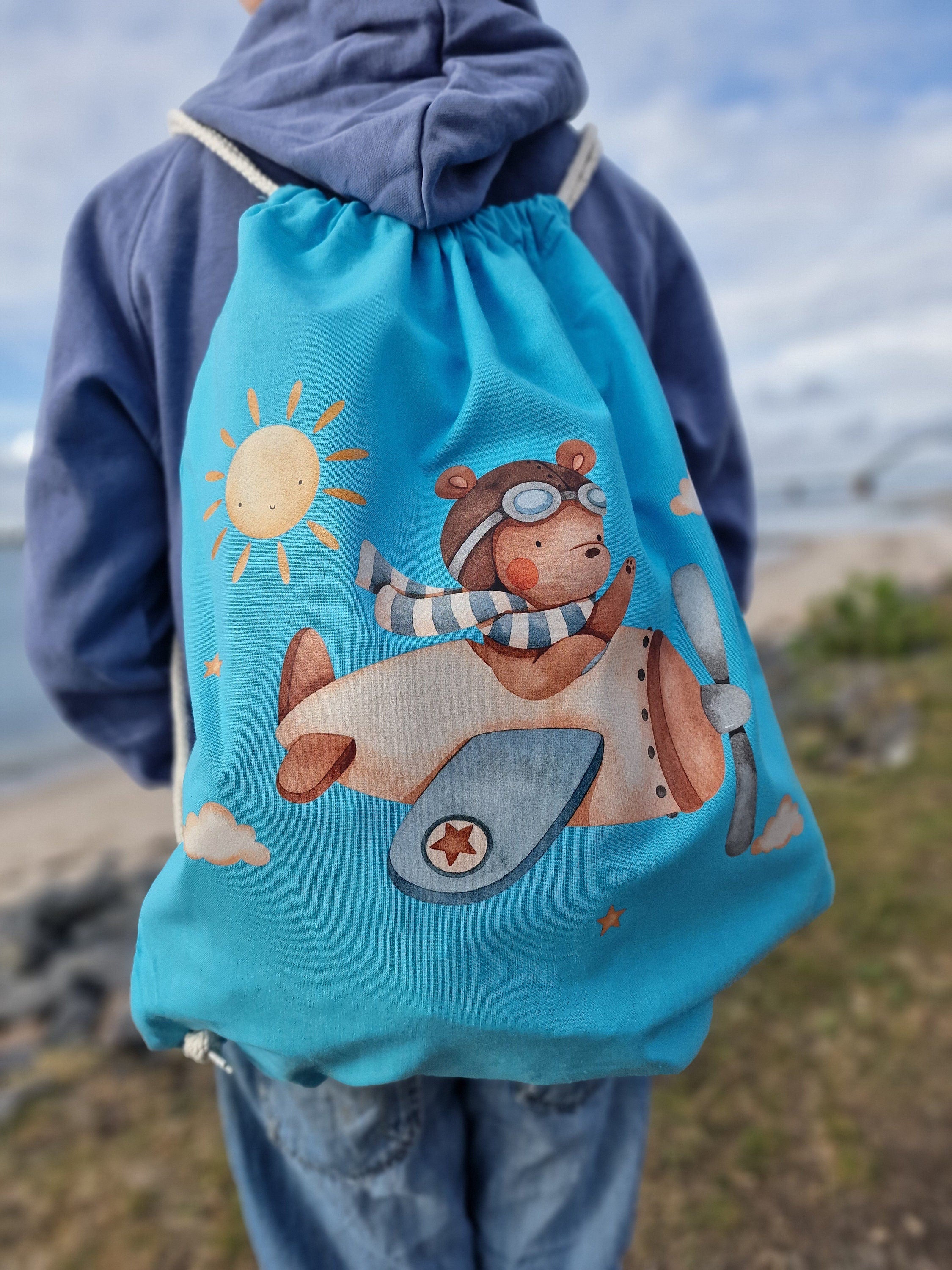 Turnbeutel mit Name personalisiert Hubschrauber Flugzeug Bär – Team Sports & Gym Bags