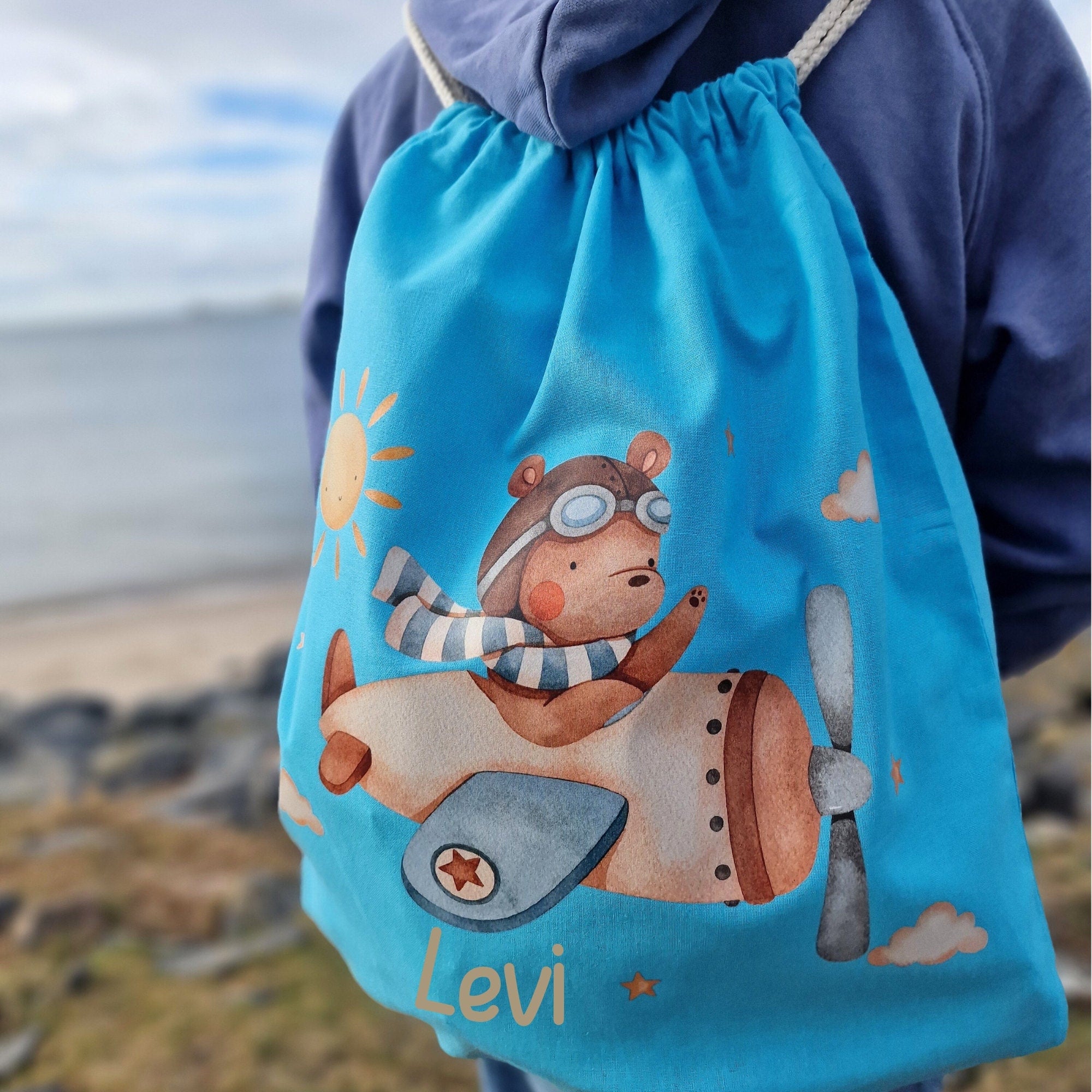 Turnbeutel mit Name personalisiert Hubschrauber Flugzeug Bär – Team Sports & Gym Bags