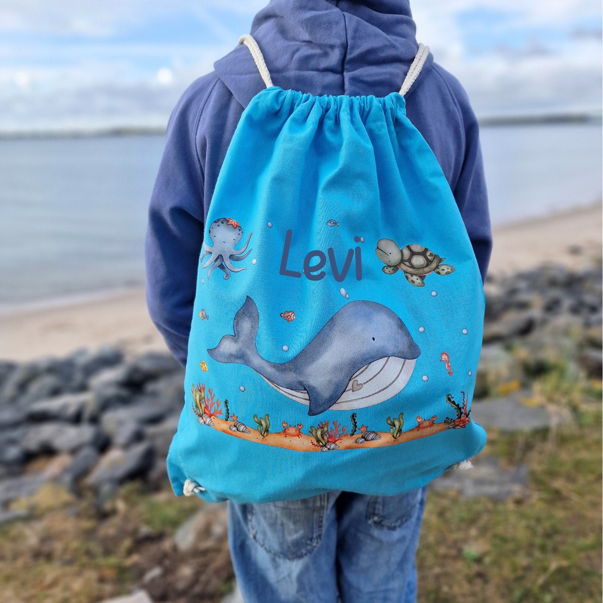 Turnbeutel mit Name – Wal & Schildkröte – personalisiert – Meeres-Tiermotiv – Kita Beutel für – Wechselwäschebeutel – Team Sports & Gym Bags