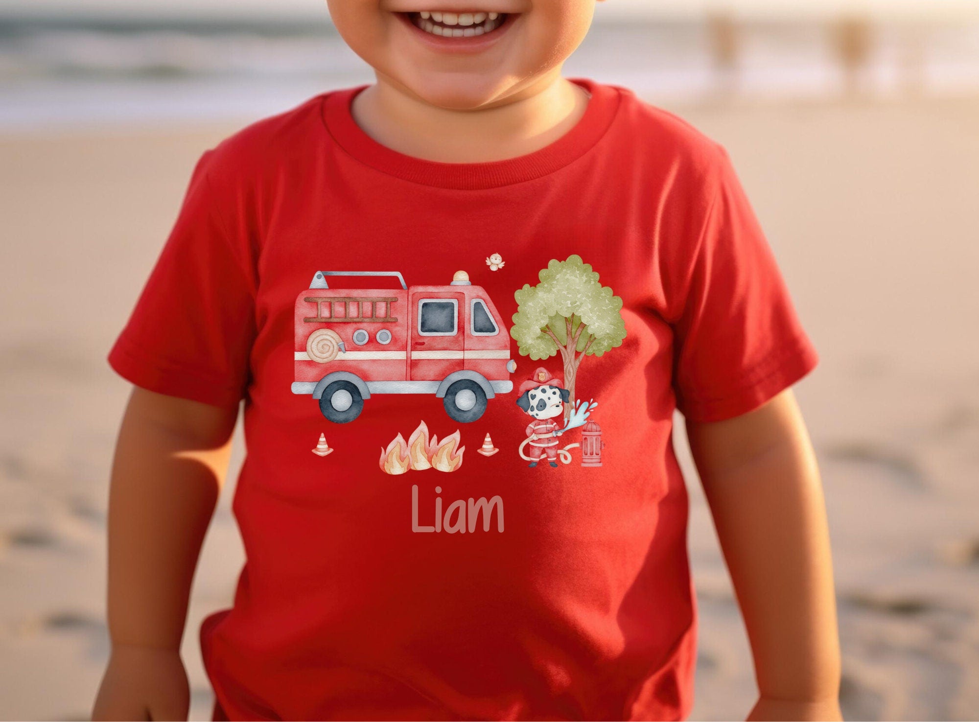 T-Shirt Shirt Kurzarm mit Name personalisiert Kindershirt Feuerwehr Feuerwehrauto Hund Feuer