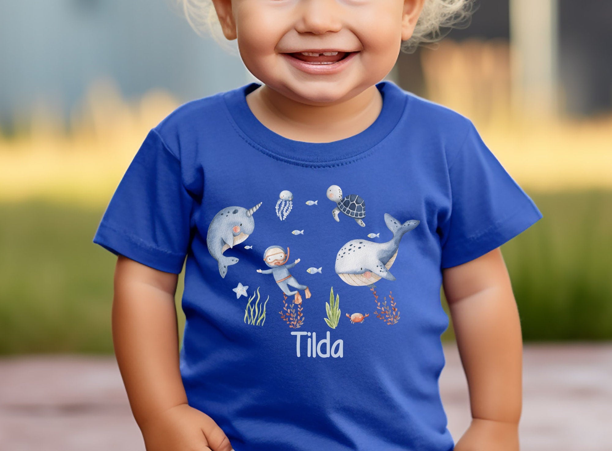 T-Shirt Shirt Kurzarm mit Name personalisiert Kindershirt Unterwasser Wal Fisch Taucher Maritim