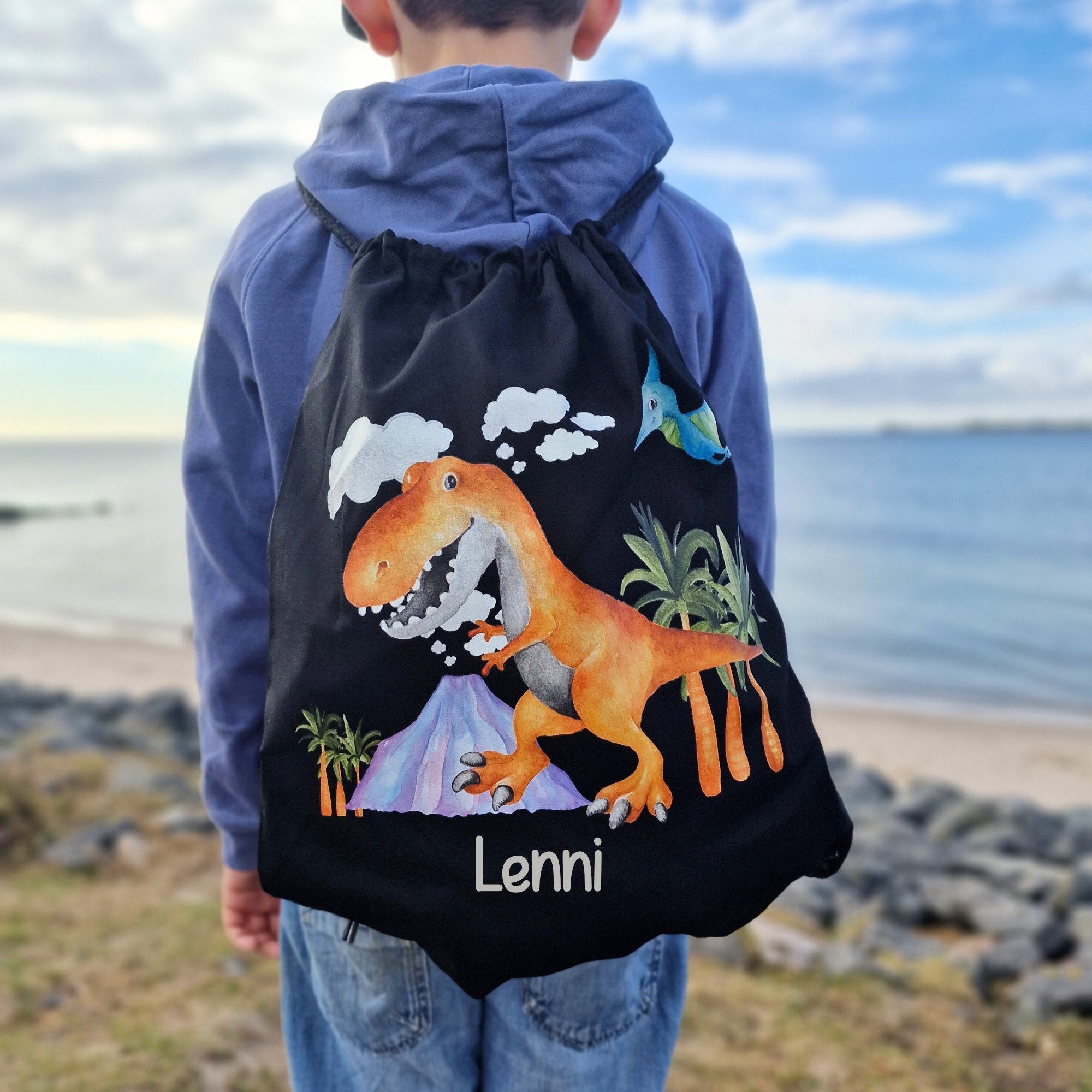 Turnbeutel Dino mit Namen – personalisiert – T-Rex & Triceratops – für – Kita Tasche – Einschulung Geschenk – Team Sports & Gym Bags